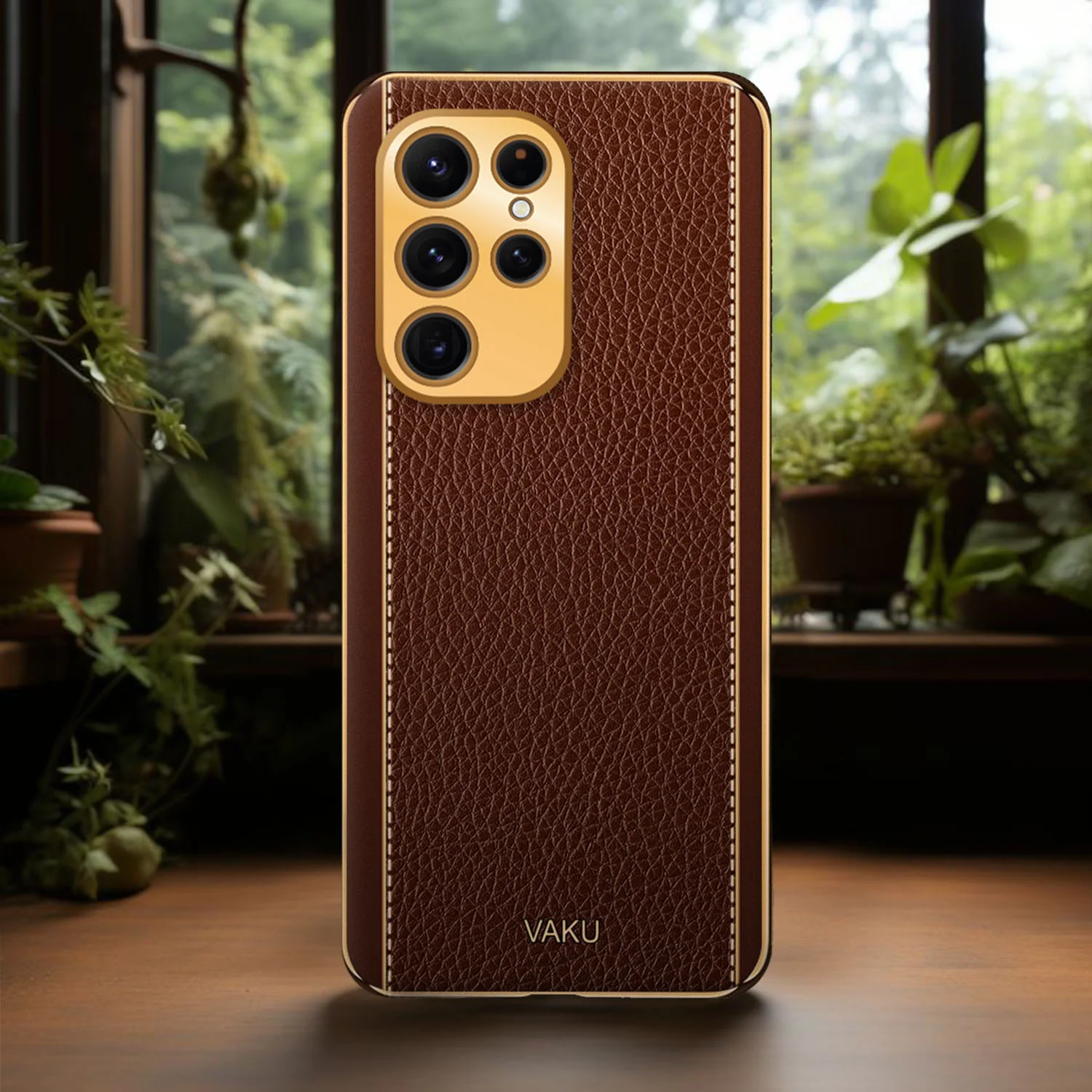 Vaku® Samsung Galaxy S22 Ultra Luxemberg Series Leather Stitched Gold Electroplated Soft TPU Back Cover - Image 11