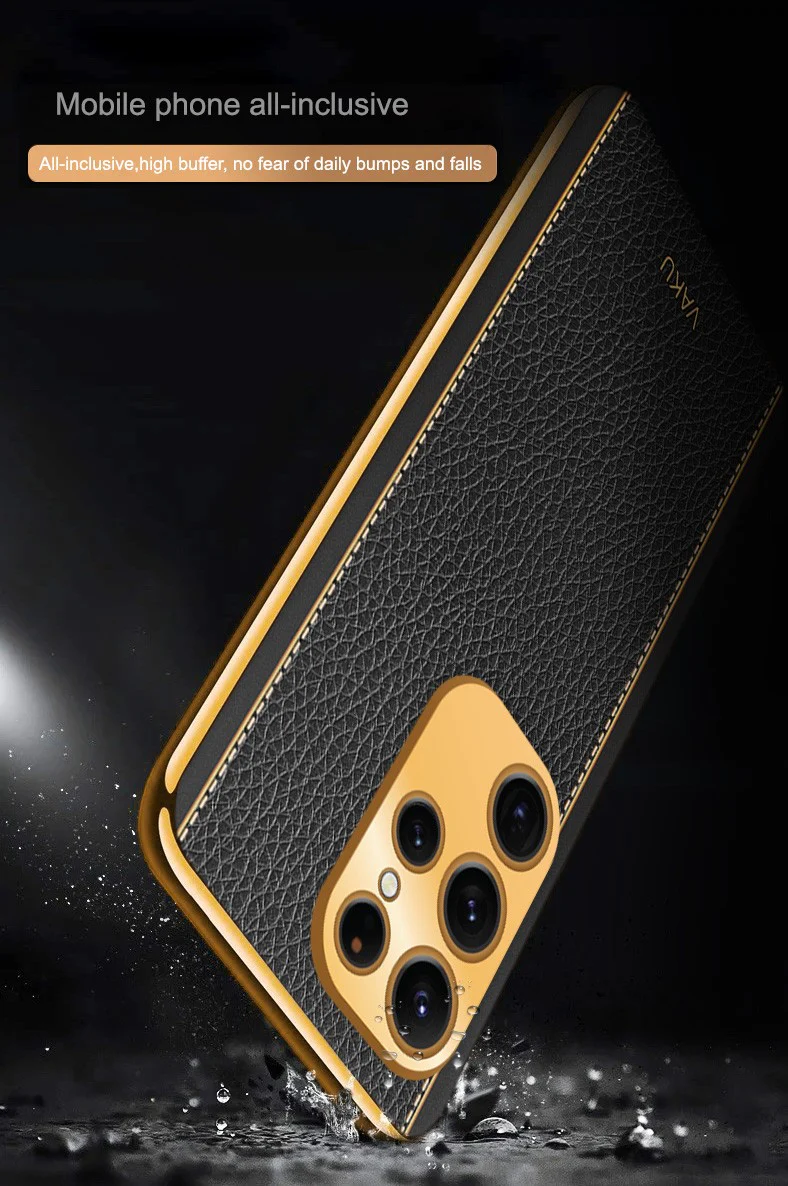 Vaku® Samsung Galaxy S22 Ultra Luxemberg Series Leather Stitched Gold Electroplated Soft TPU Back Cover - Image 12