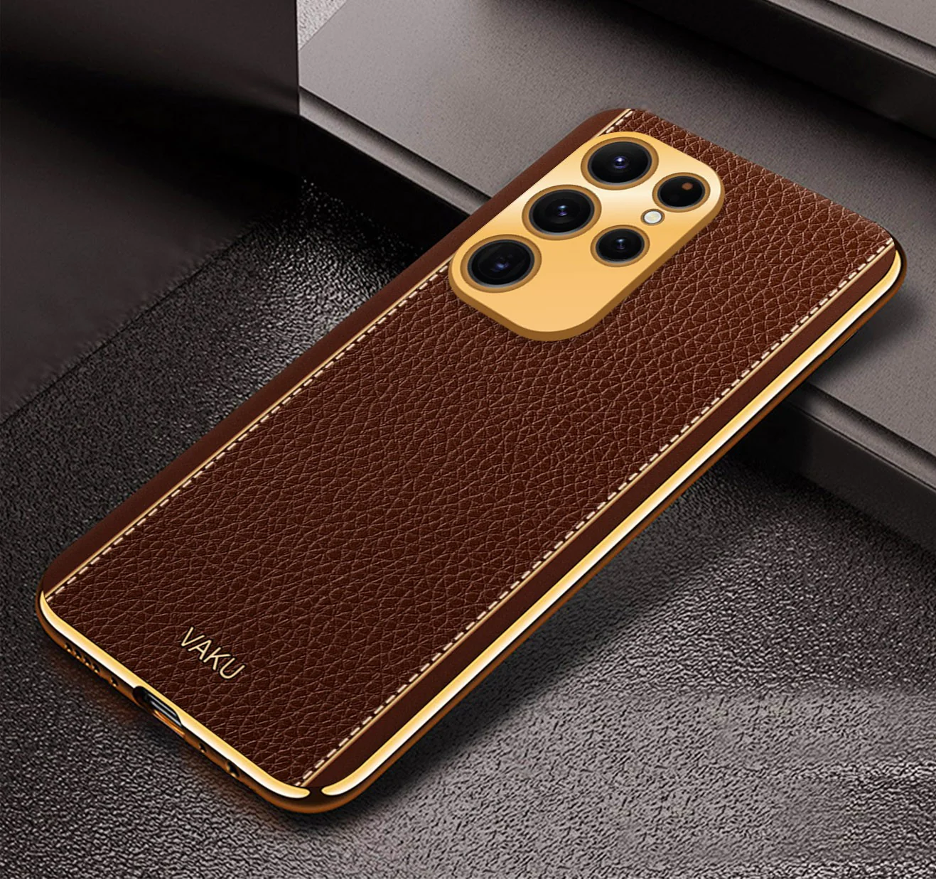 Vaku® Samsung Galaxy S22 Ultra Luxemberg Series Leather Stitched Gold Electroplated Soft TPU Back Cover - Image 2