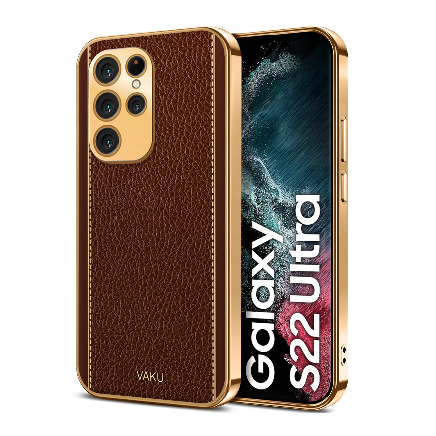 Vaku® Samsung Galaxy S22 Ultra Luxemberg Series Leather Stitched Gold Electroplated Soft TPU Back Cover - Image 6