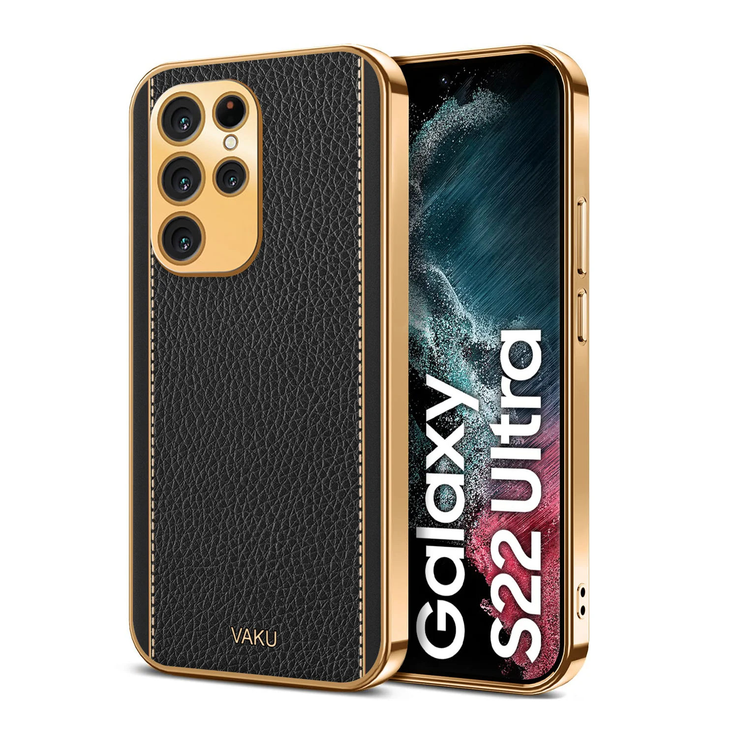 Vaku® Samsung Galaxy S22 Ultra Luxemberg Series Leather Stitched Gold Electroplated Soft TPU Back Cover - Image 7