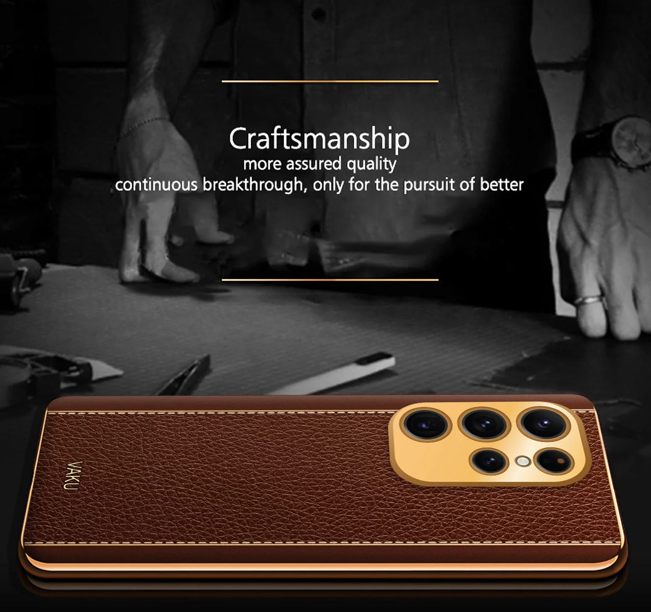 Vaku® Samsung Galaxy S22 Ultra Luxemberg Series Leather Stitched Gold Electroplated Soft TPU Back Cover - Image 8
