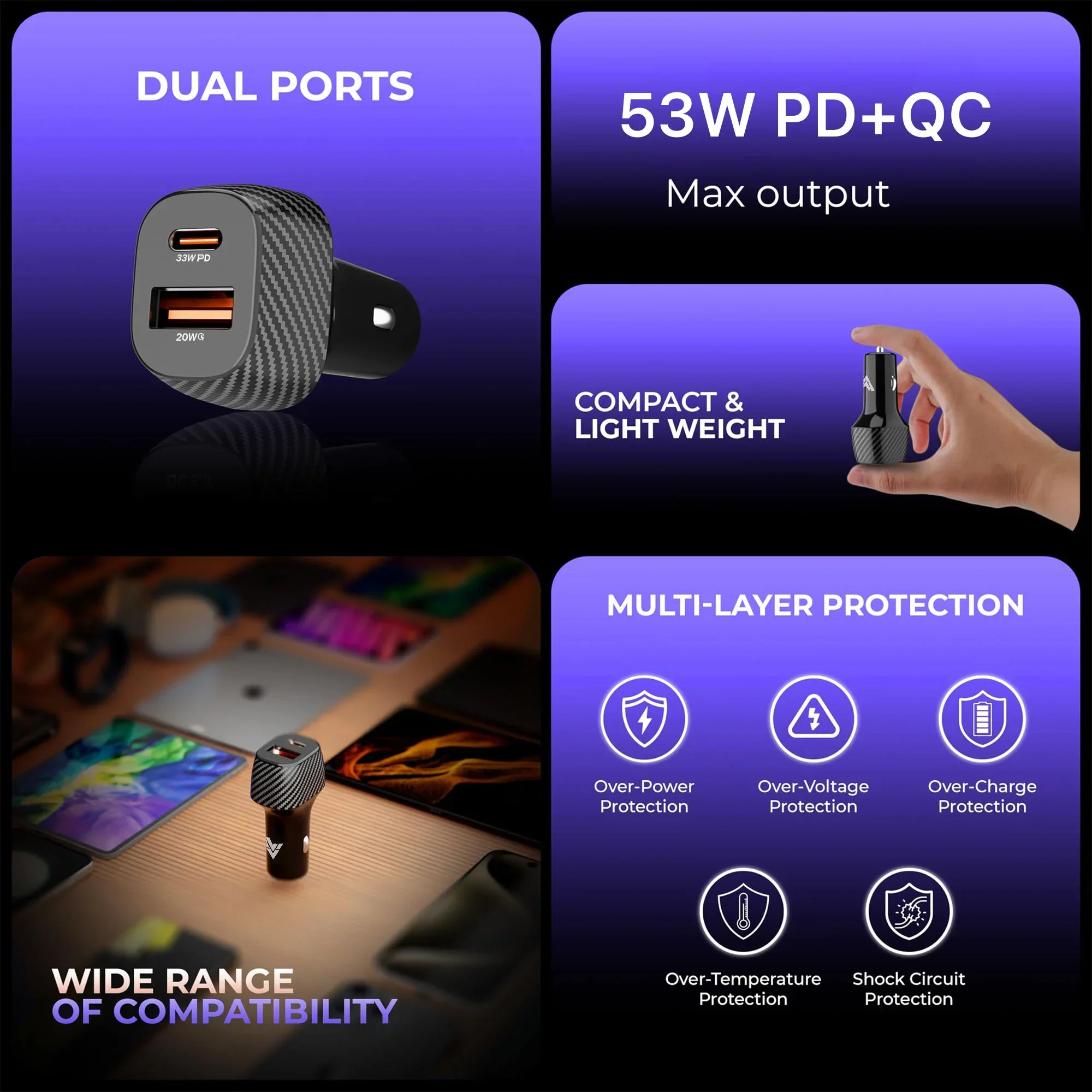 Vaku ® Trosvolt USB C 53W Dual Port Fast USB Car Charger With Power Delivery & Quick Charger 3.0 - Image 2