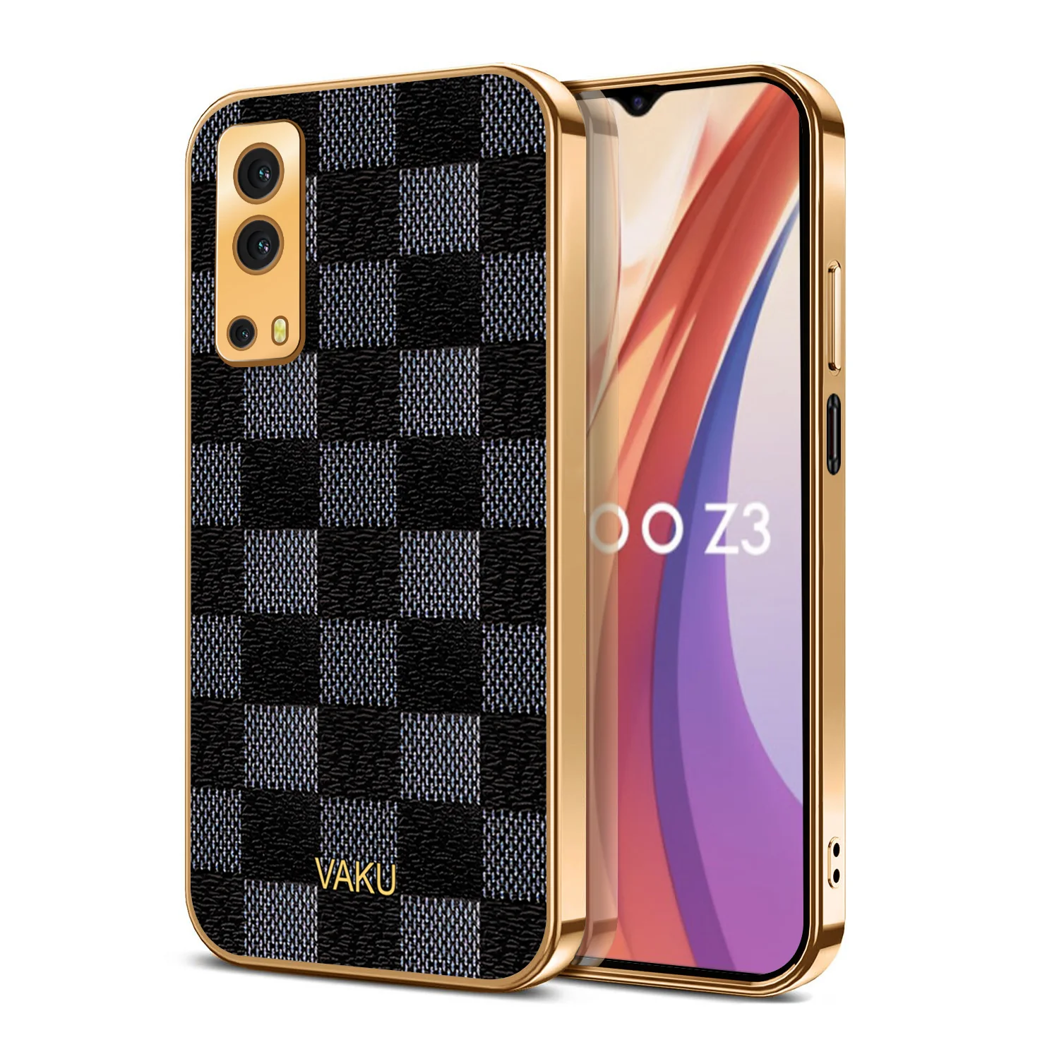 Vaku® Vivo iQoo Z3 5G Cheron Series Leather Stitched Gold Electroplated Soft TPU Back Cover - Image 2