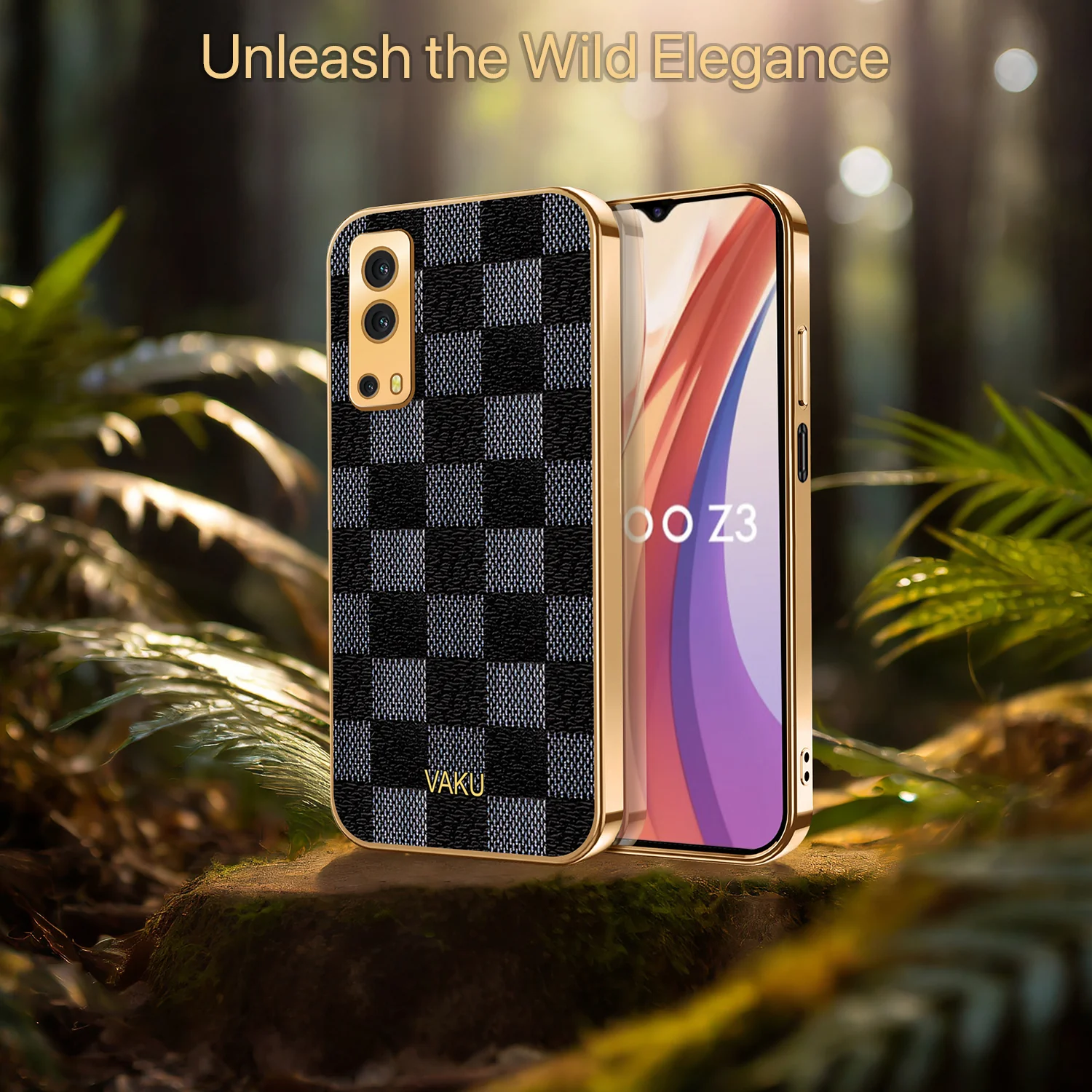 Vaku® Vivo iQoo Z3 5G Cheron Series Leather Stitched Gold Electroplated Soft TPU Back Cover - Image 5