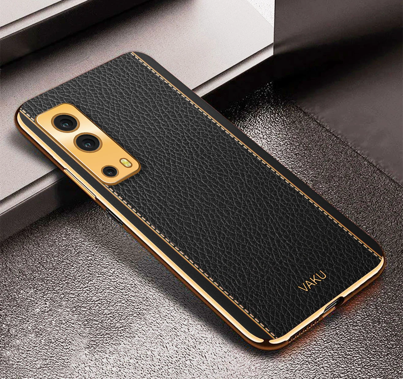 Vaku® Vivo iQoo Z3 5G Luxemberg Series Leather Stitched Gold Electroplated Soft TPU Back Cover - Image 6