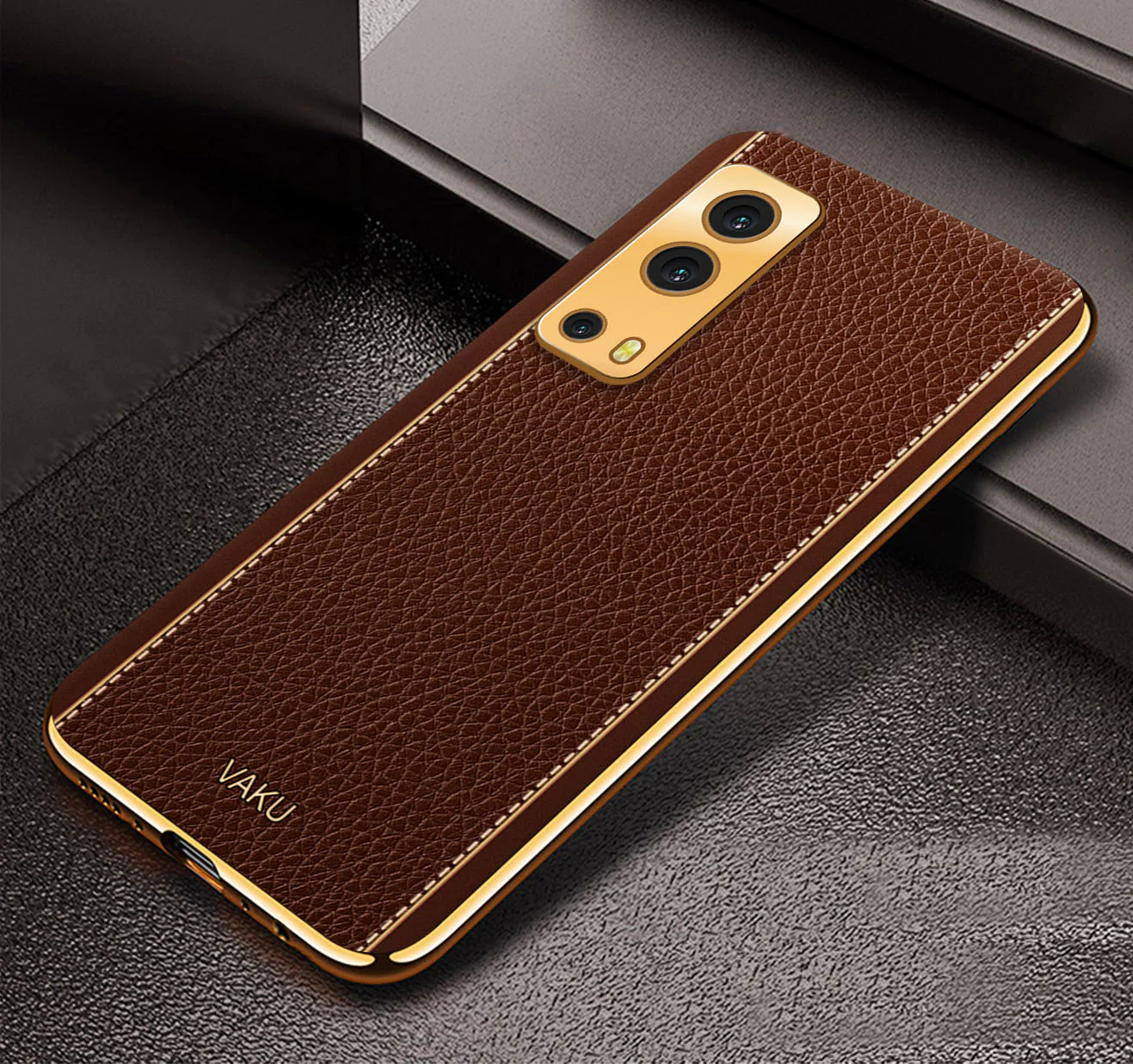 Vaku® Vivo iQoo Z3 5G Luxemberg Series Leather Stitched Gold Electroplated Soft TPU Back Cover - Image 9