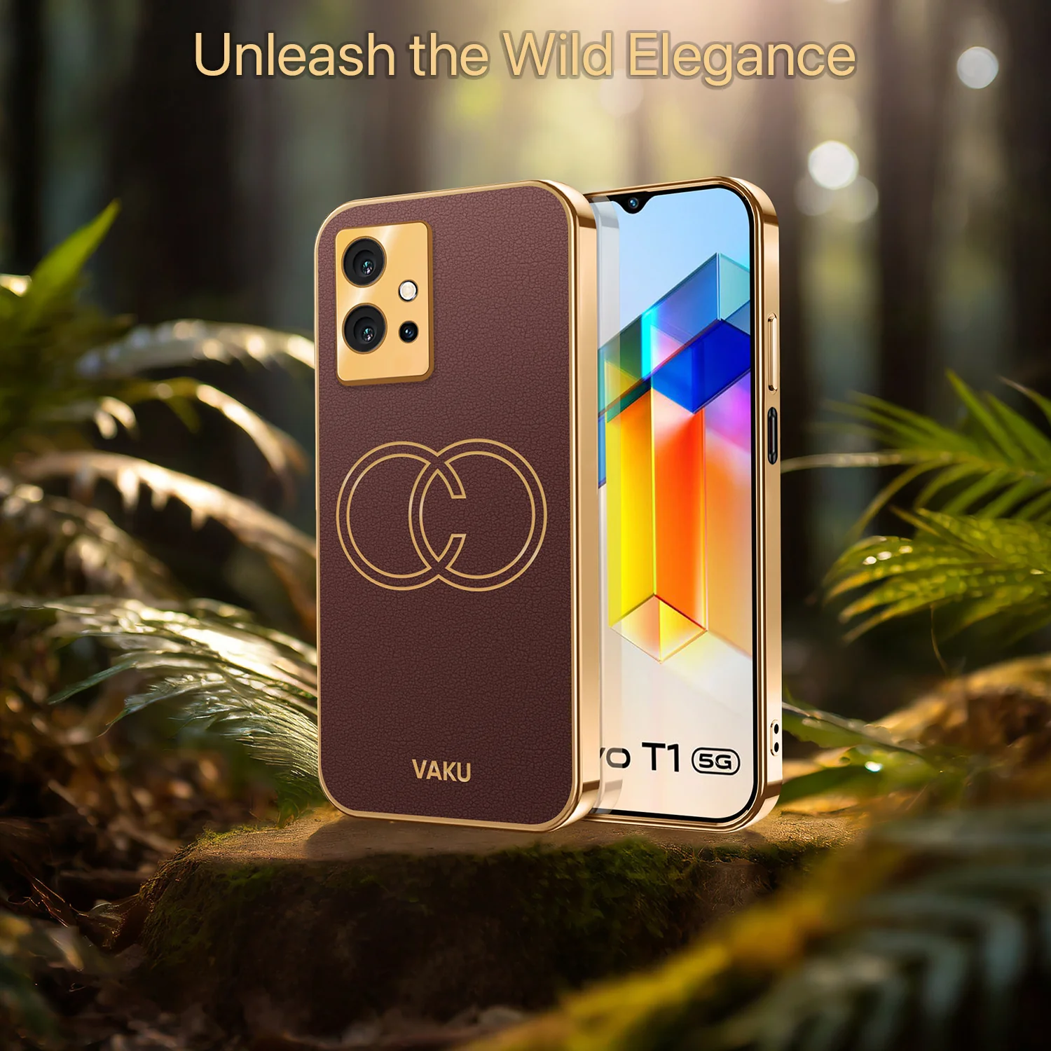 Vaku® Vivo T1 5G Skylar Leather Pattern Gold Electroplated Soft TPU Back Cover - Image 15