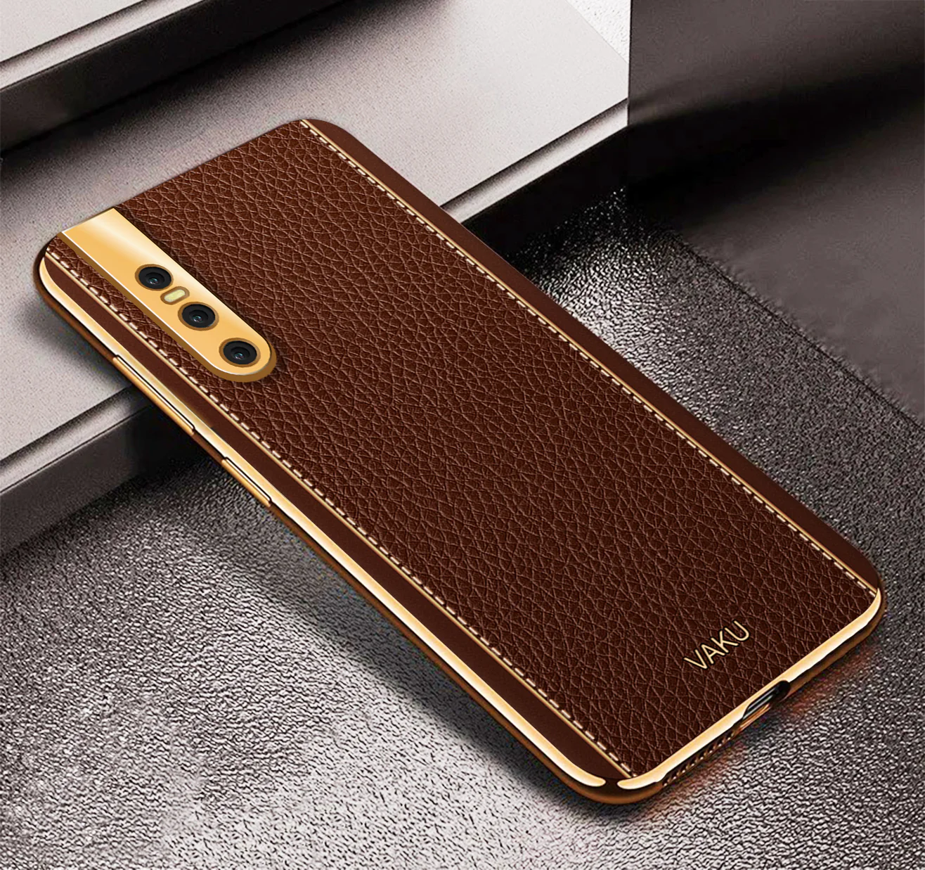 Vaku® Vivo V15 Pro Luxemberg Series Leather Stitched Gold Electroplated Soft TPU Back Cover