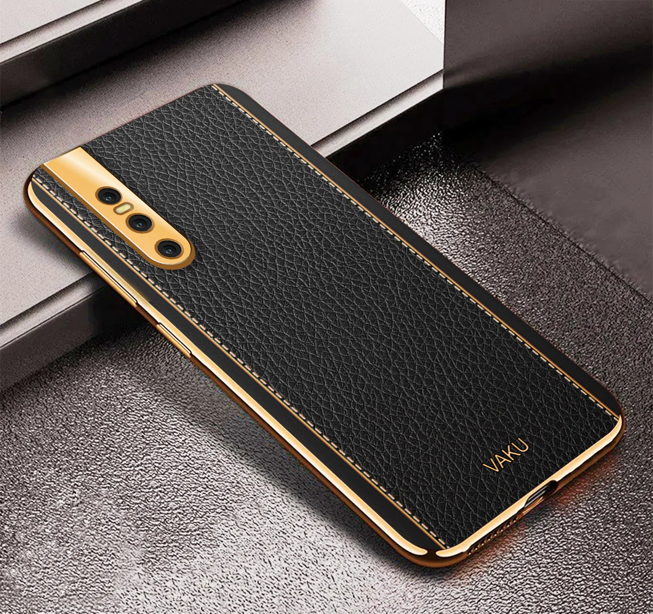 Vaku® Vivo V15 Pro Luxemberg Series Leather Stitched Gold Electroplated Soft TPU Back Cover - Image 11