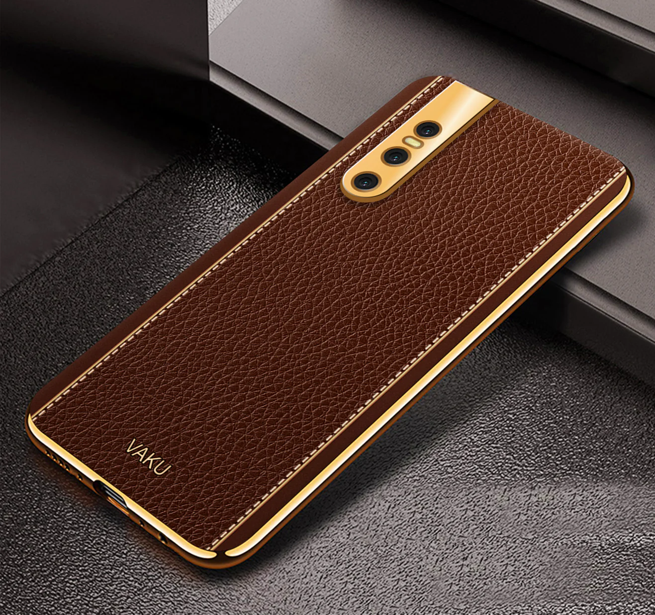 Vaku® Vivo V15 Pro Luxemberg Series Leather Stitched Gold Electroplated Soft TPU Back Cover - Image 12