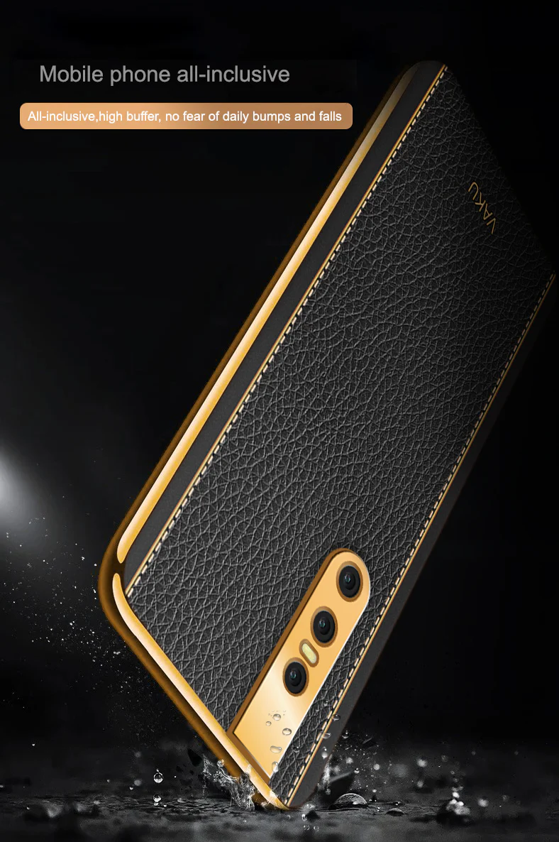 Vaku® Vivo V15 Pro Luxemberg Series Leather Stitched Gold Electroplated Soft TPU Back Cover - Image 13