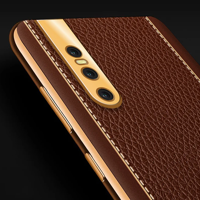 Vaku® Vivo V15 Pro Luxemberg Series Leather Stitched Gold Electroplated Soft TPU Back Cover - Image 2