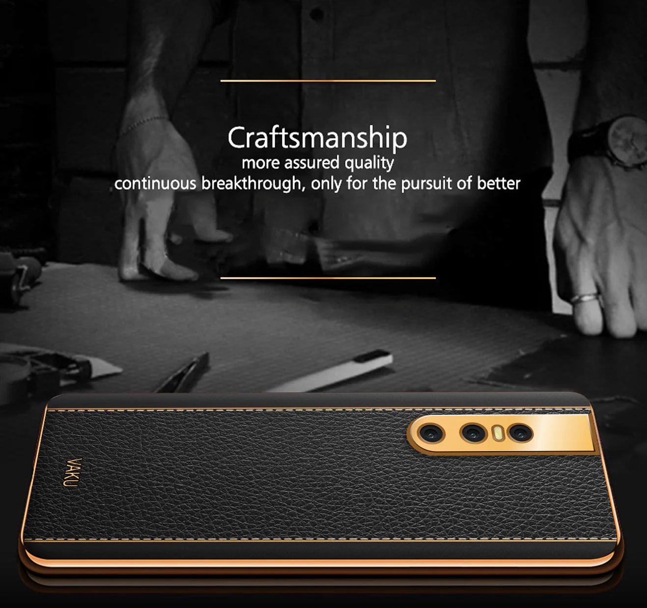 Vaku® Vivo V15 Pro Luxemberg Series Leather Stitched Gold Electroplated Soft TPU Back Cover - Image 3