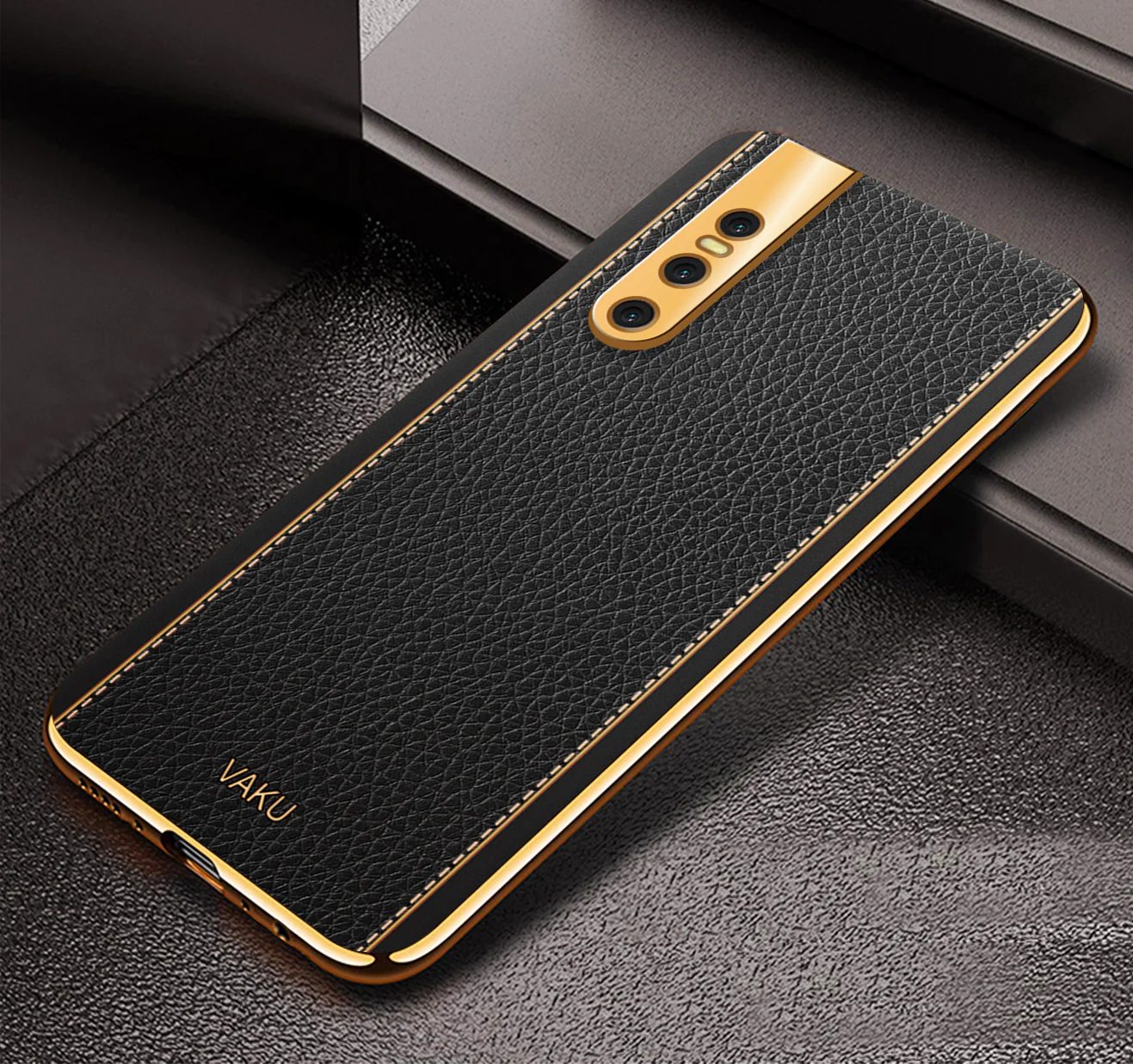 Vaku® Vivo V15 Pro Luxemberg Series Leather Stitched Gold Electroplated Soft TPU Back Cover - Image 4