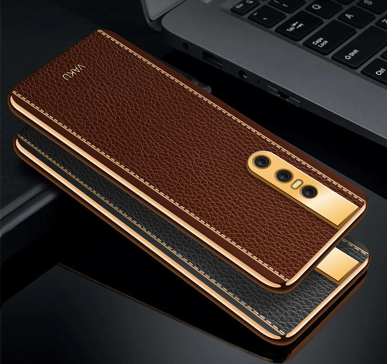 Vaku® Vivo V15 Pro Luxemberg Series Leather Stitched Gold Electroplated Soft TPU Back Cover - Image 5