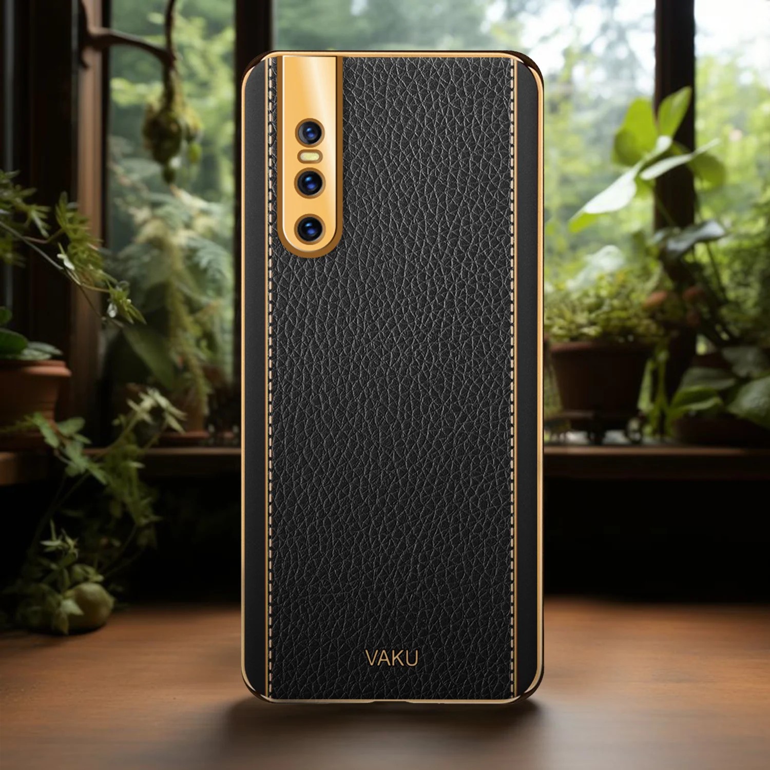Vaku® Vivo V15 Pro Luxemberg Series Leather Stitched Gold Electroplated Soft TPU Back Cover - Image 8