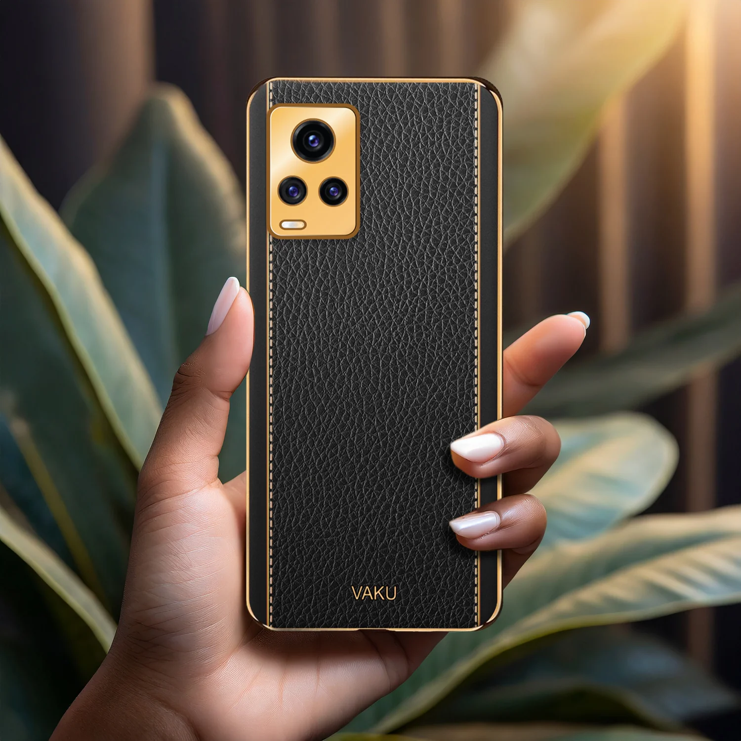 Vaku® Vivo V20 Luxemberg Series Leather Stitched Gold Electroplated Soft TPU Back Cover - Image 13
