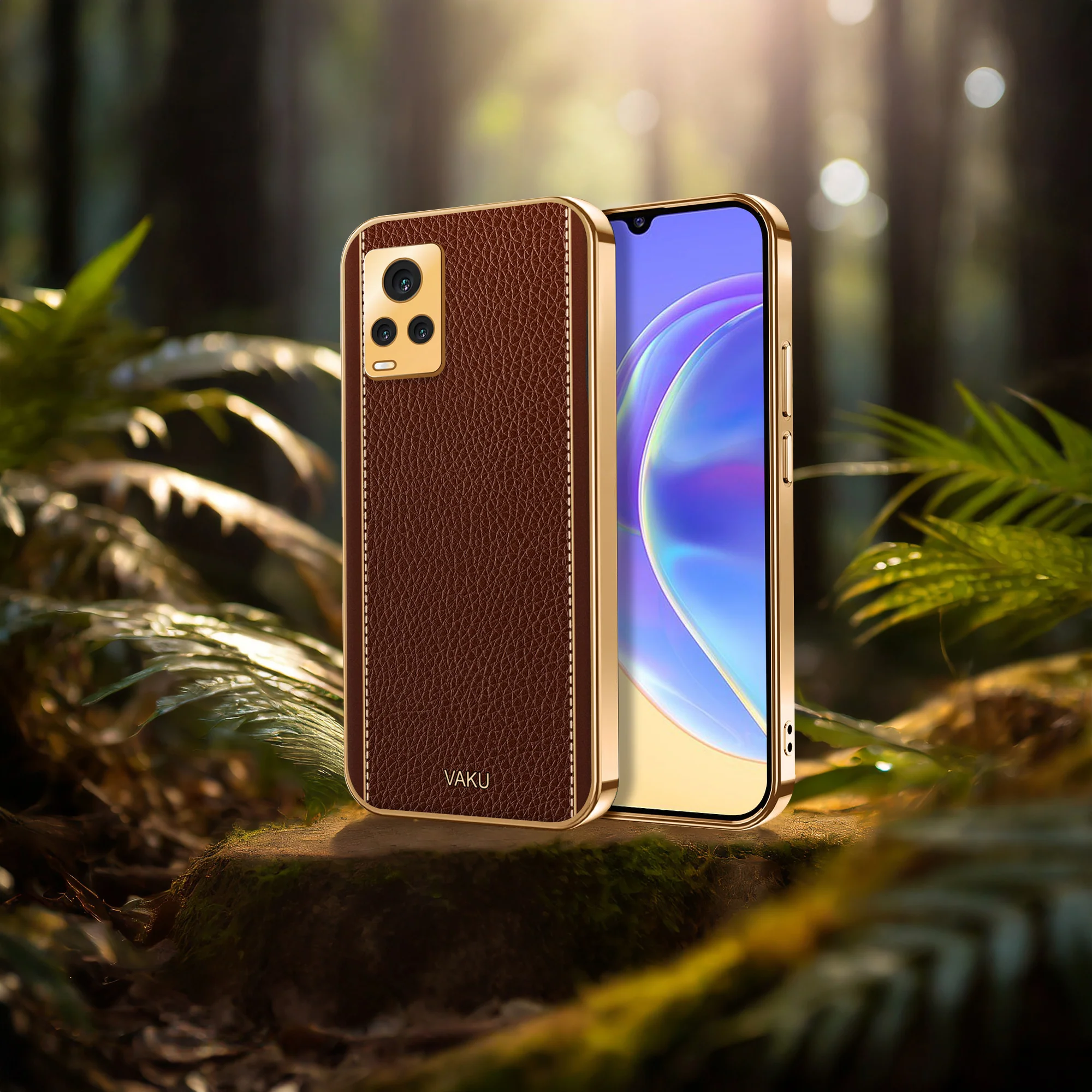 Vaku® Vivo V20 Luxemberg Series Leather Stitched Gold Electroplated Soft TPU Back Cover - Image 14