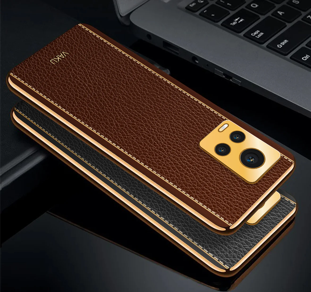 Vaku® Vivo V20 Luxemberg Series Leather Stitched Gold Electroplated Soft TPU Back Cover - Image 4