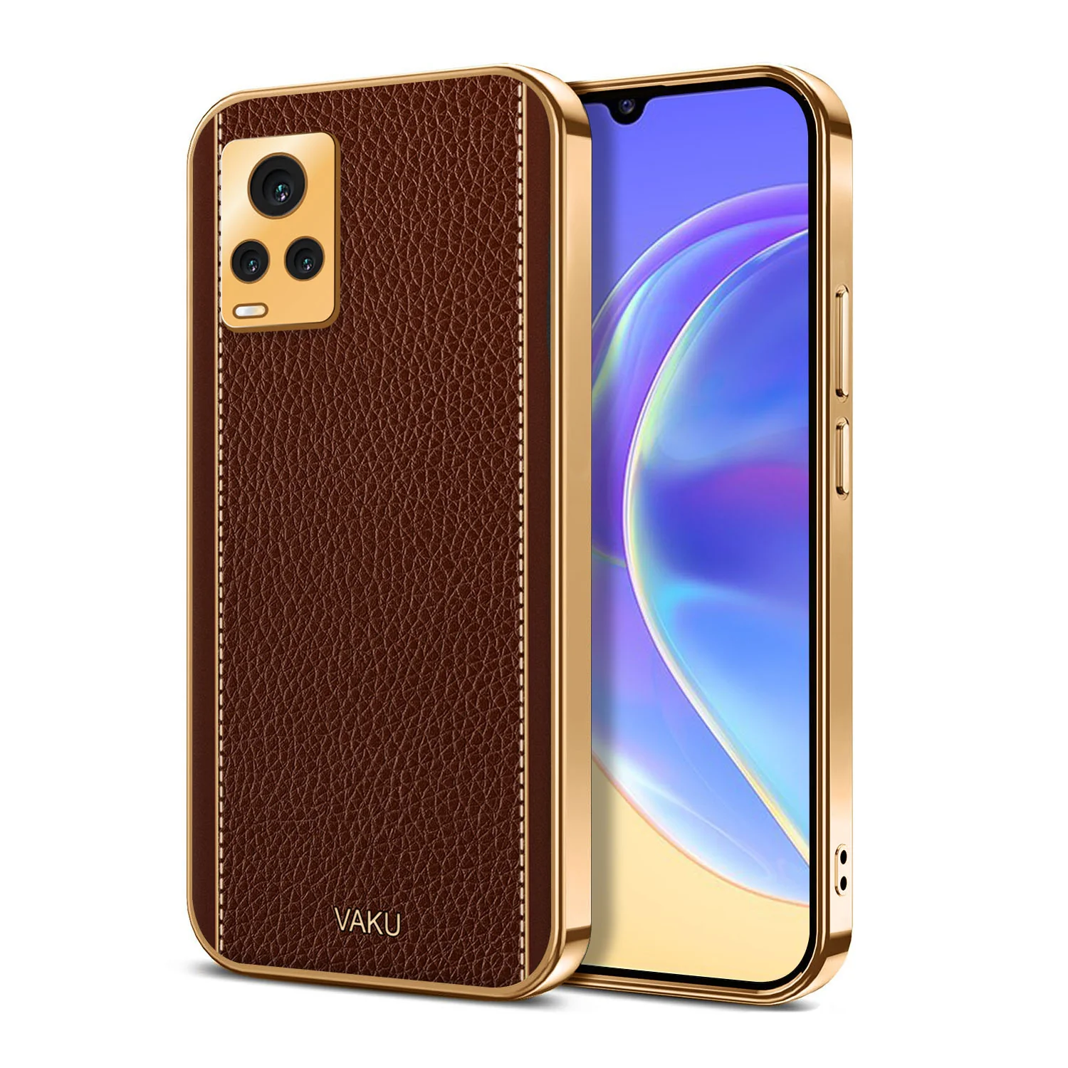 Vaku® Vivo V20 Luxemberg Series Leather Stitched Gold Electroplated Soft TPU Back Cover - Image 9