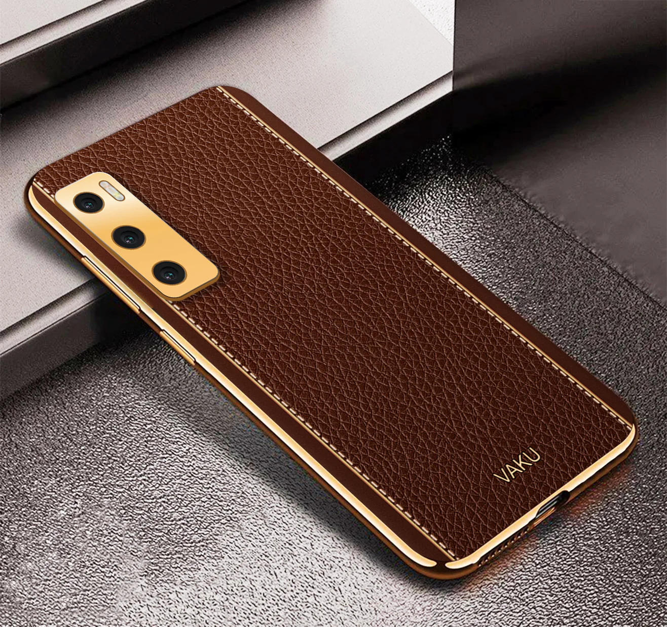 Vaku® Vivo V20 SE Luxemberg Series Leather Stitched Gold Electroplated Soft TPU Back Cover