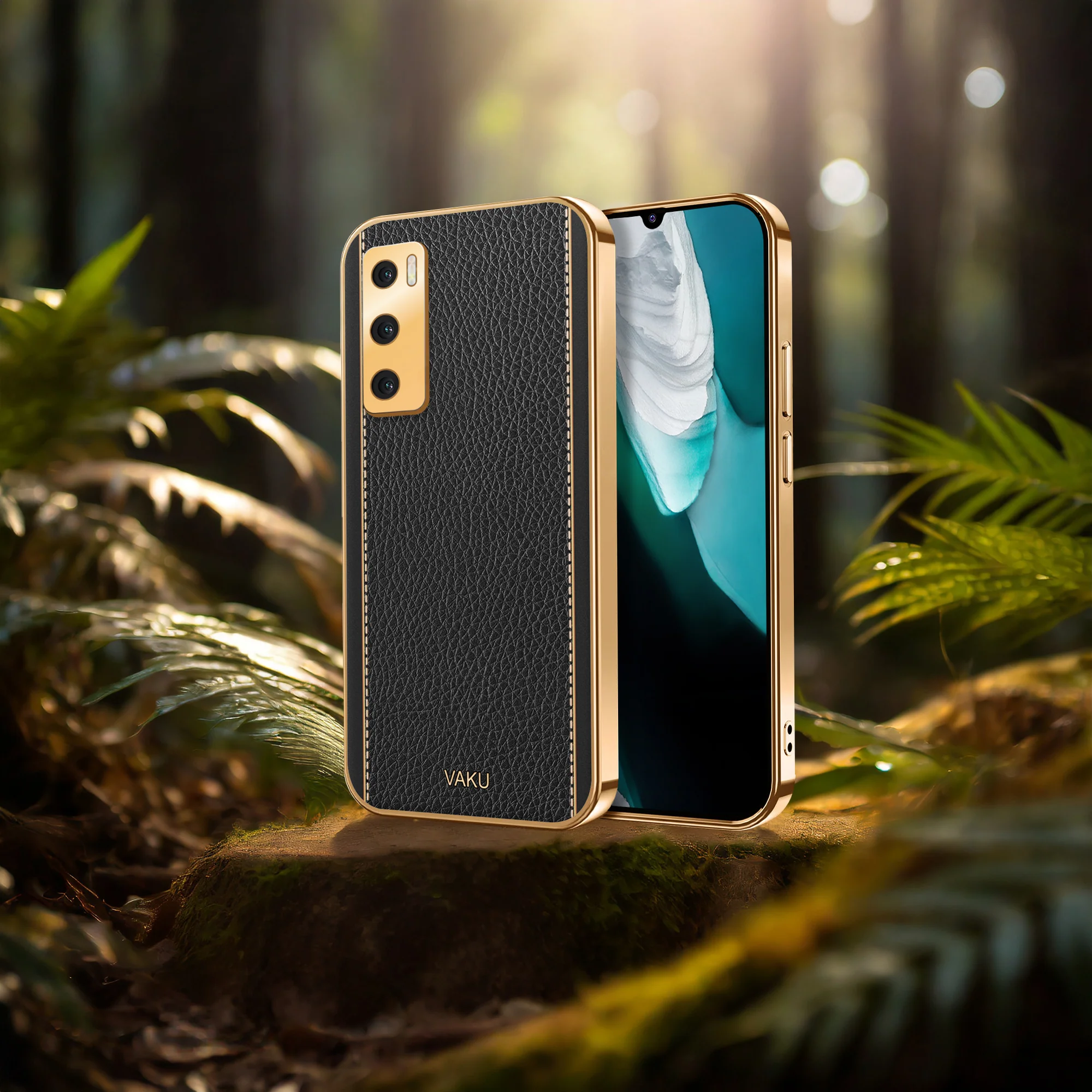 Vaku® Vivo V20 SE Luxemberg Series Leather Stitched Gold Electroplated Soft TPU Back Cover - Image 12