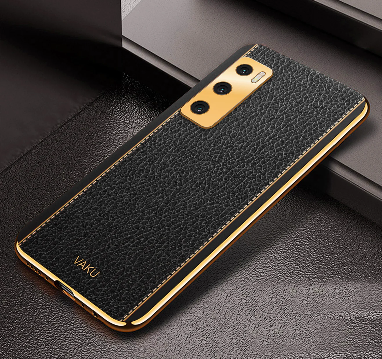 Vaku® Vivo V20 SE Luxemberg Series Leather Stitched Gold Electroplated Soft TPU Back Cover - Image 13