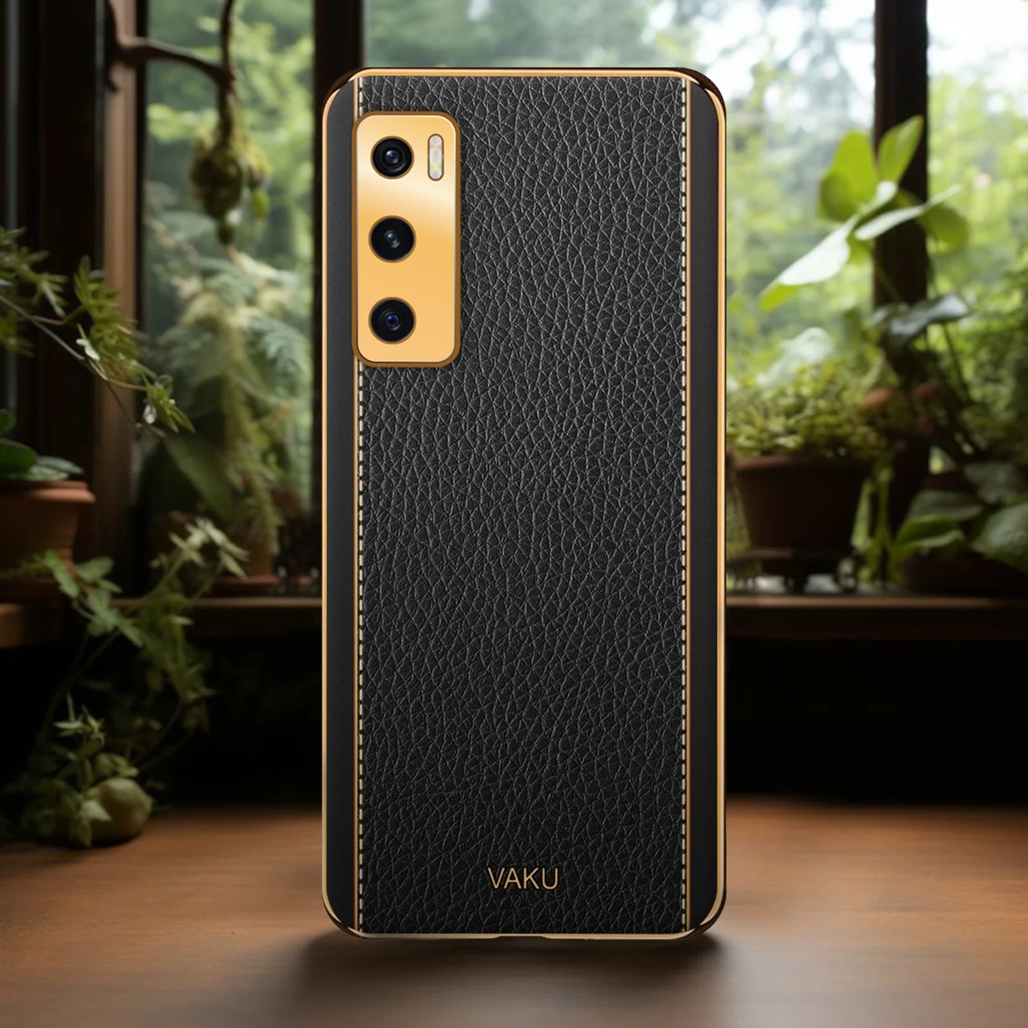 Vaku® Vivo V20 SE Luxemberg Series Leather Stitched Gold Electroplated Soft TPU Back Cover - Image 15