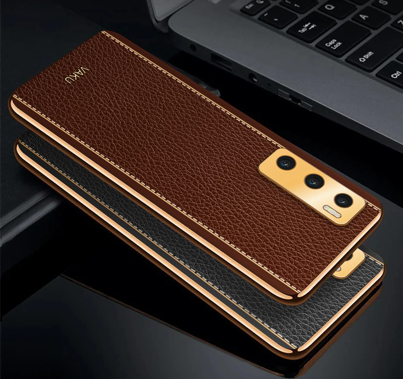 Vaku® Vivo V20 SE Luxemberg Series Leather Stitched Gold Electroplated Soft TPU Back Cover - Image 5