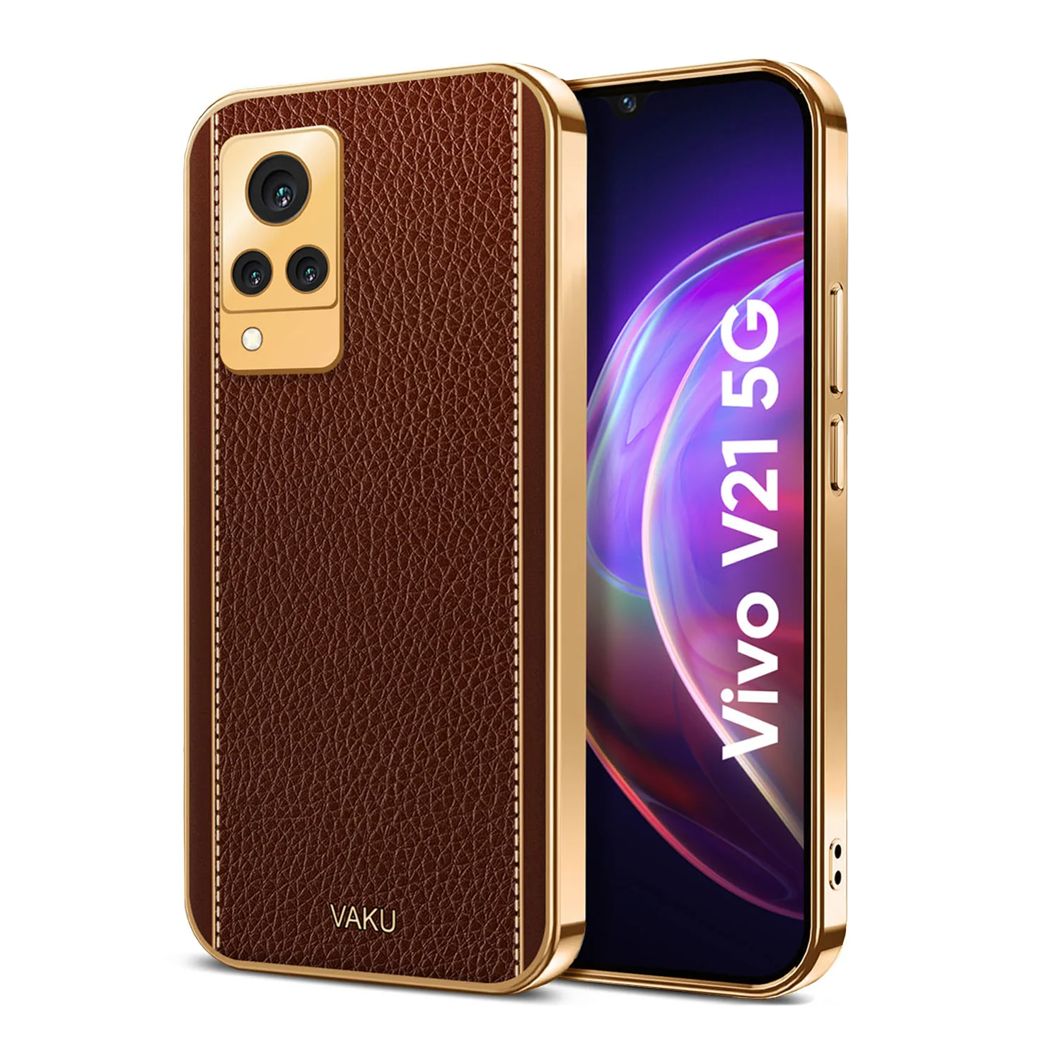 Vaku® Vivo V21 5G Luxemberg Series Leather Stitched Gold Electroplated Soft TPU Back Cover - Image 10