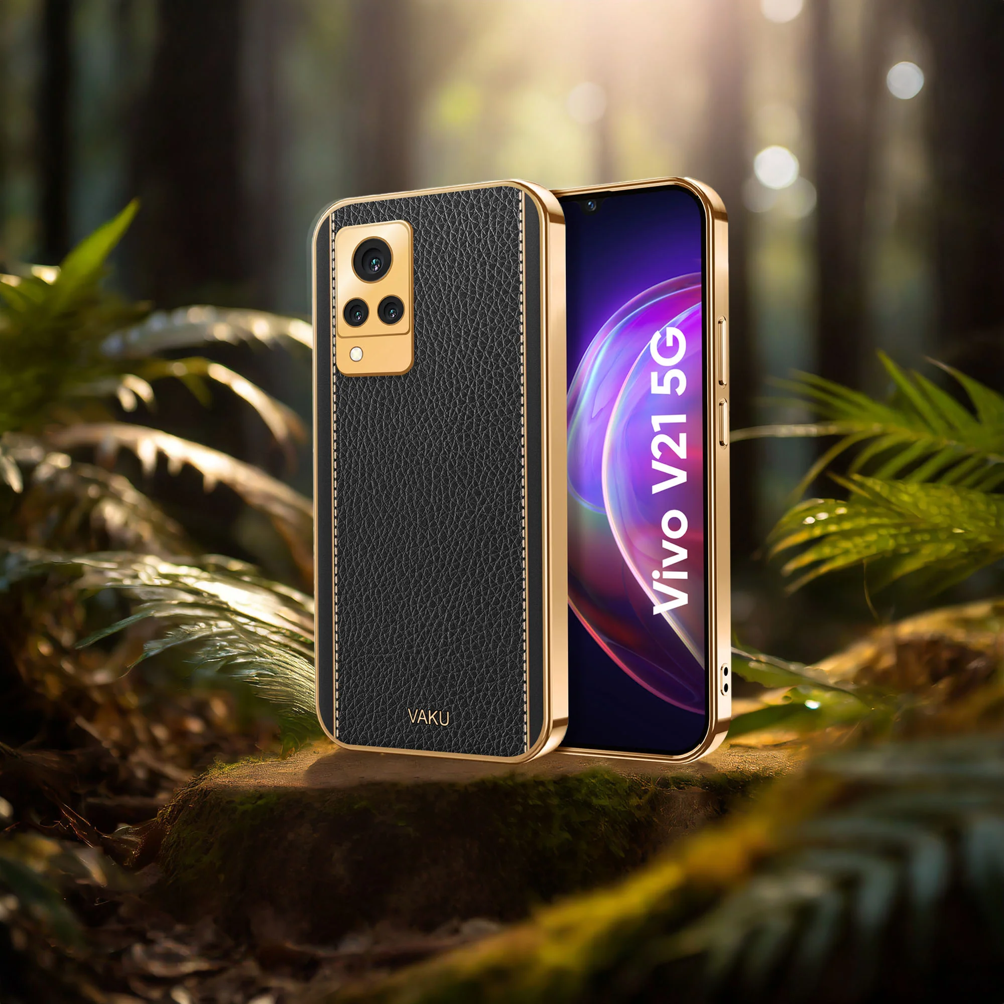 Vaku® Vivo V21 5G Luxemberg Series Leather Stitched Gold Electroplated Soft TPU Back Cover - Image 12