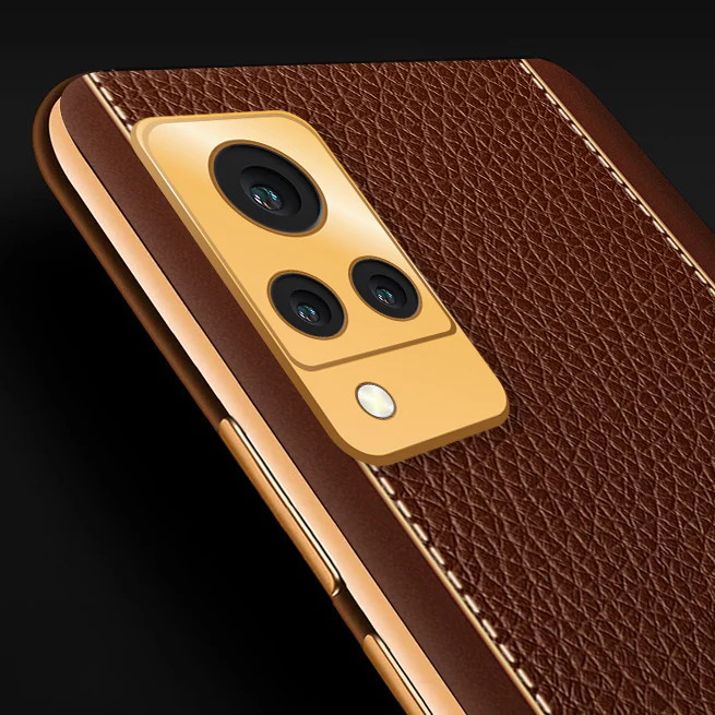 Vaku® Vivo V21 5G Luxemberg Series Leather Stitched Gold Electroplated Soft TPU Back Cover - Image 2
