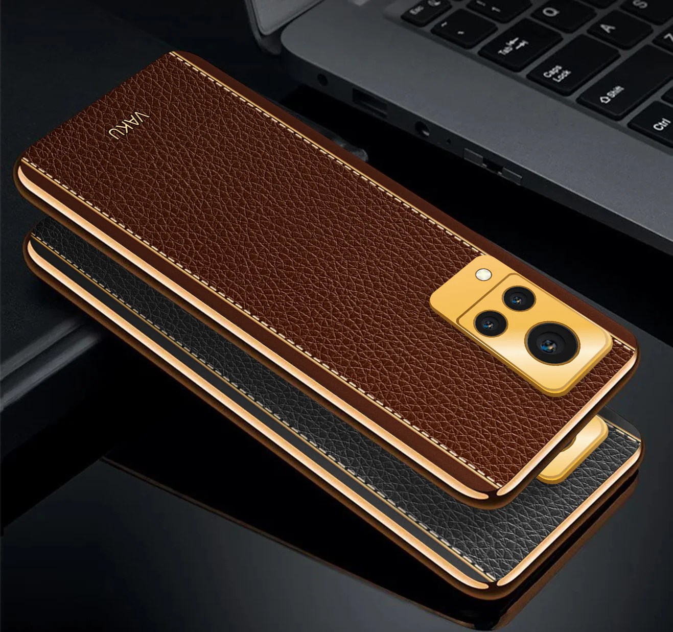 Vaku® Vivo V21 5G Luxemberg Series Leather Stitched Gold Electroplated Soft TPU Back Cover - Image 3
