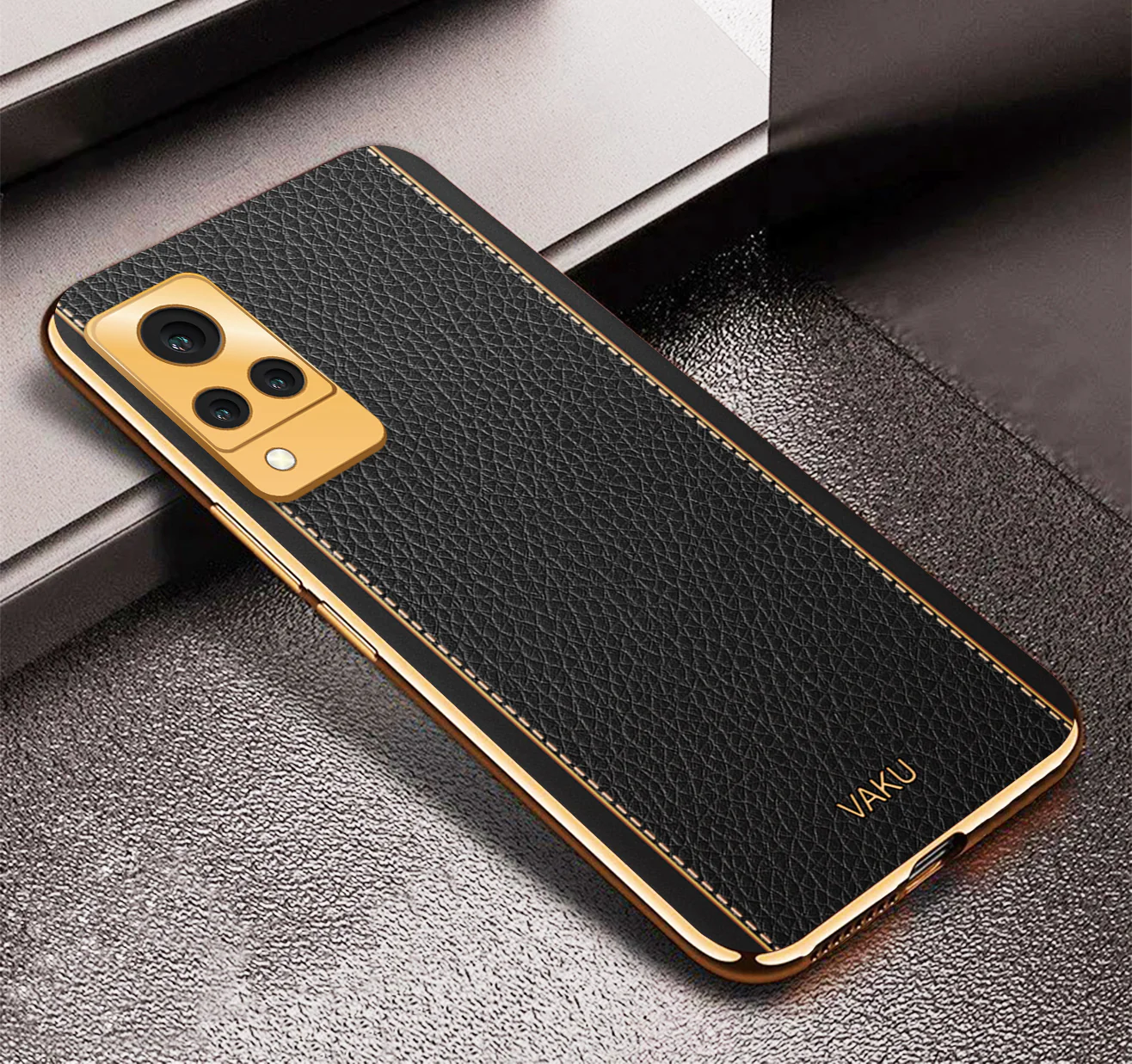 Vaku® Vivo V21 5G Luxemberg Series Leather Stitched Gold Electroplated Soft TPU Back Cover - Image 5