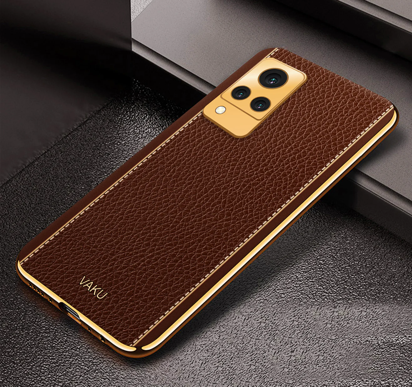 Vaku® Vivo V21 5G Luxemberg Series Leather Stitched Gold Electroplated Soft TPU Back Cover - Image 8