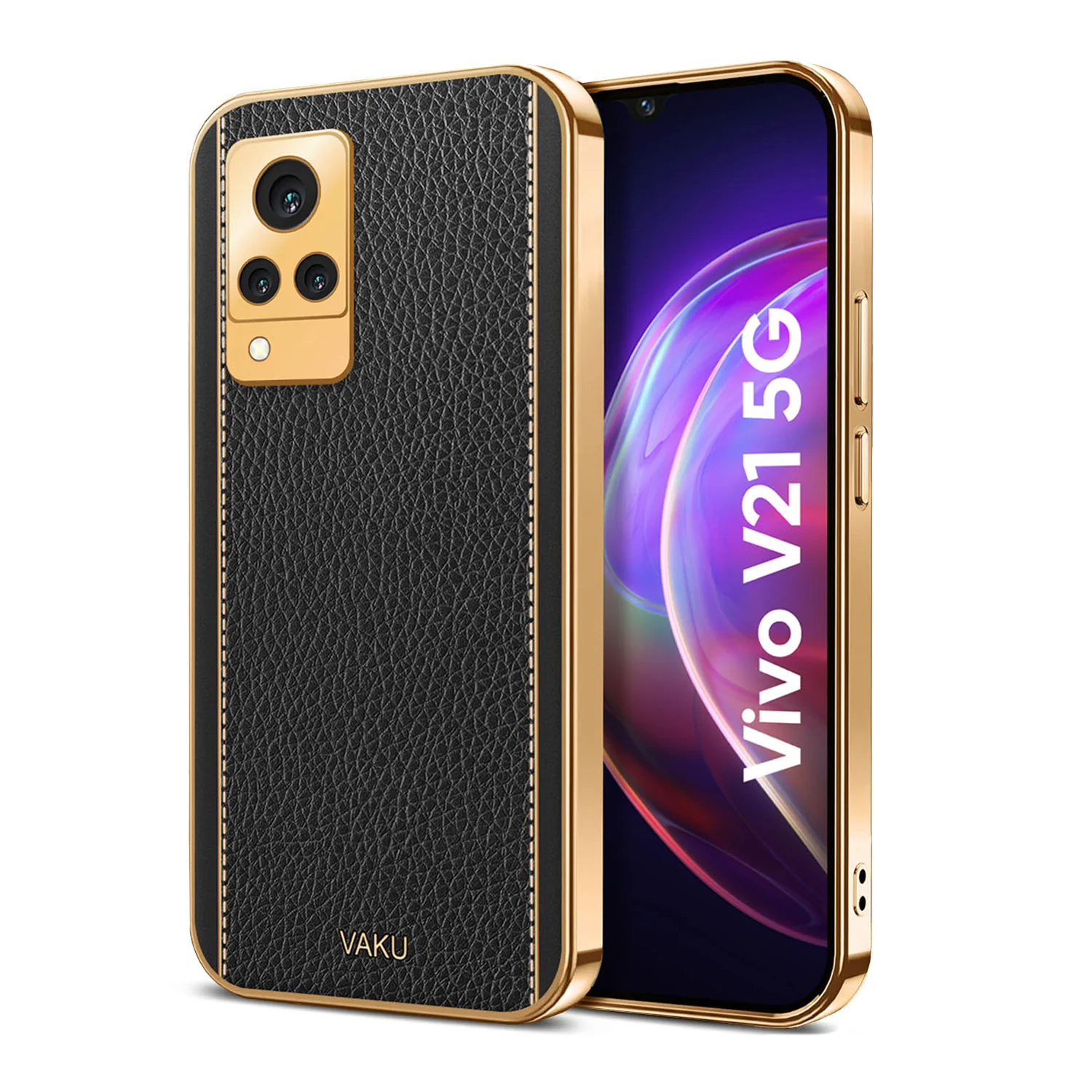 Vaku® Vivo V21 5G Luxemberg Series Leather Stitched Gold Electroplated Soft TPU Back Cover - Image 9