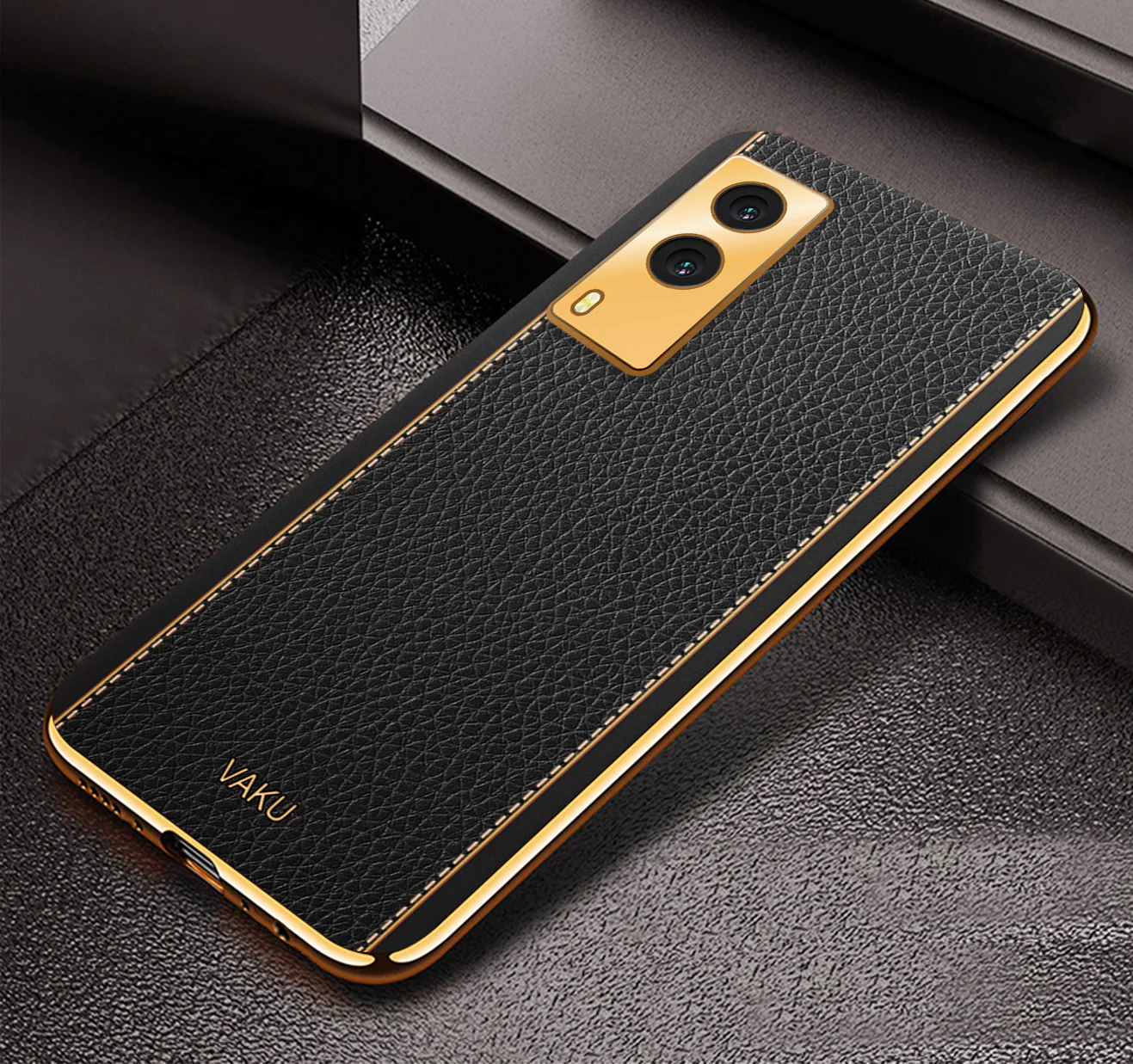 Vaku® Vivo V21e 5G Luxemberg Series Leather Stitched Gold Electroplated Soft TPU Back Cover - Image 10
