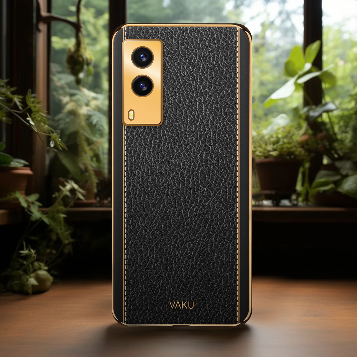 Vaku® Vivo V21e 5G Luxemberg Series Leather Stitched Gold Electroplated Soft TPU Back Cover - Image 14