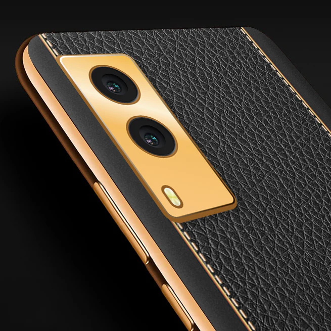 Vaku® Vivo V21e 5G Luxemberg Series Leather Stitched Gold Electroplated Soft TPU Back Cover - Image 3