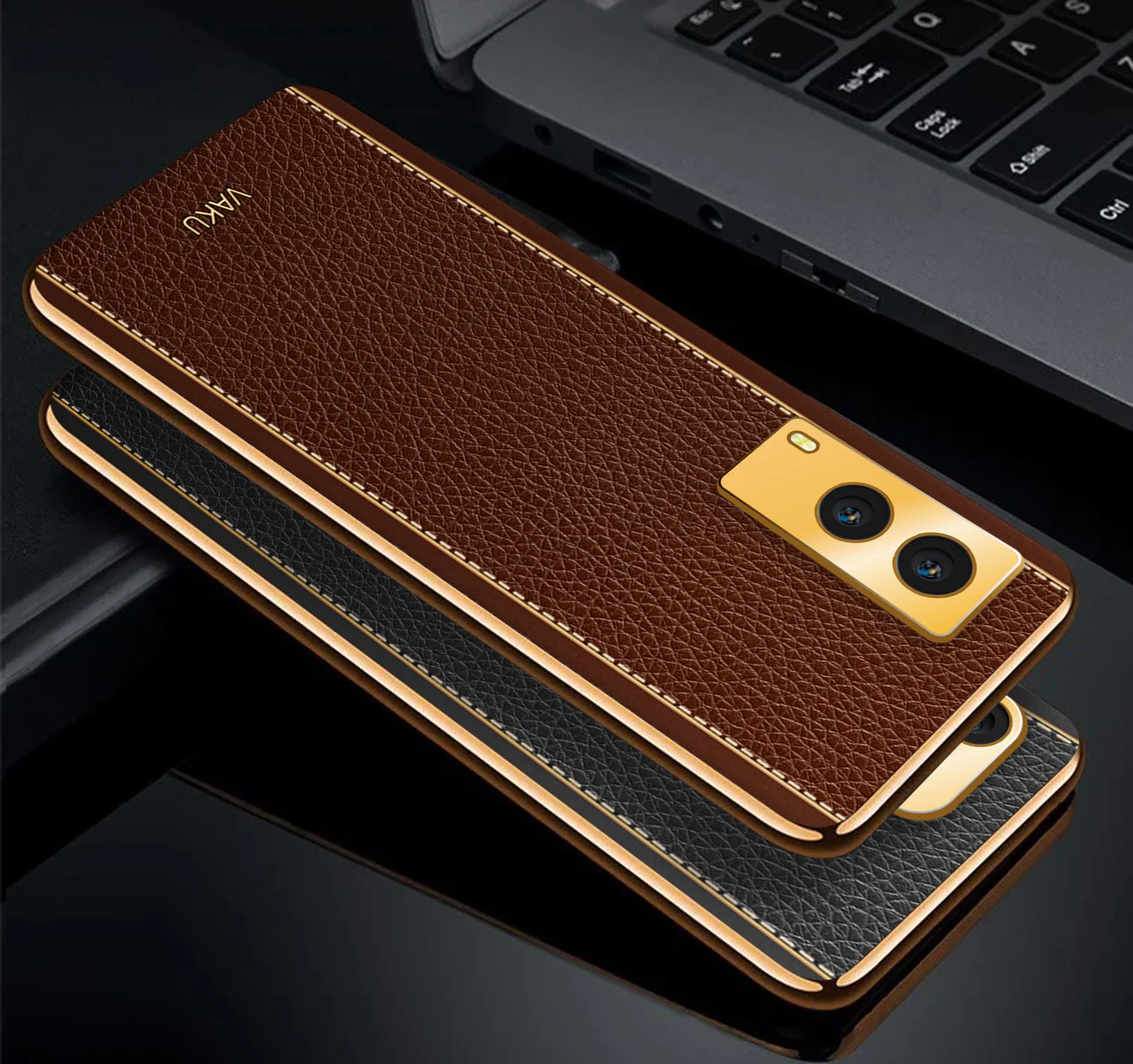 Vaku® Vivo V21e 5G Luxemberg Series Leather Stitched Gold Electroplated Soft TPU Back Cover - Image 5