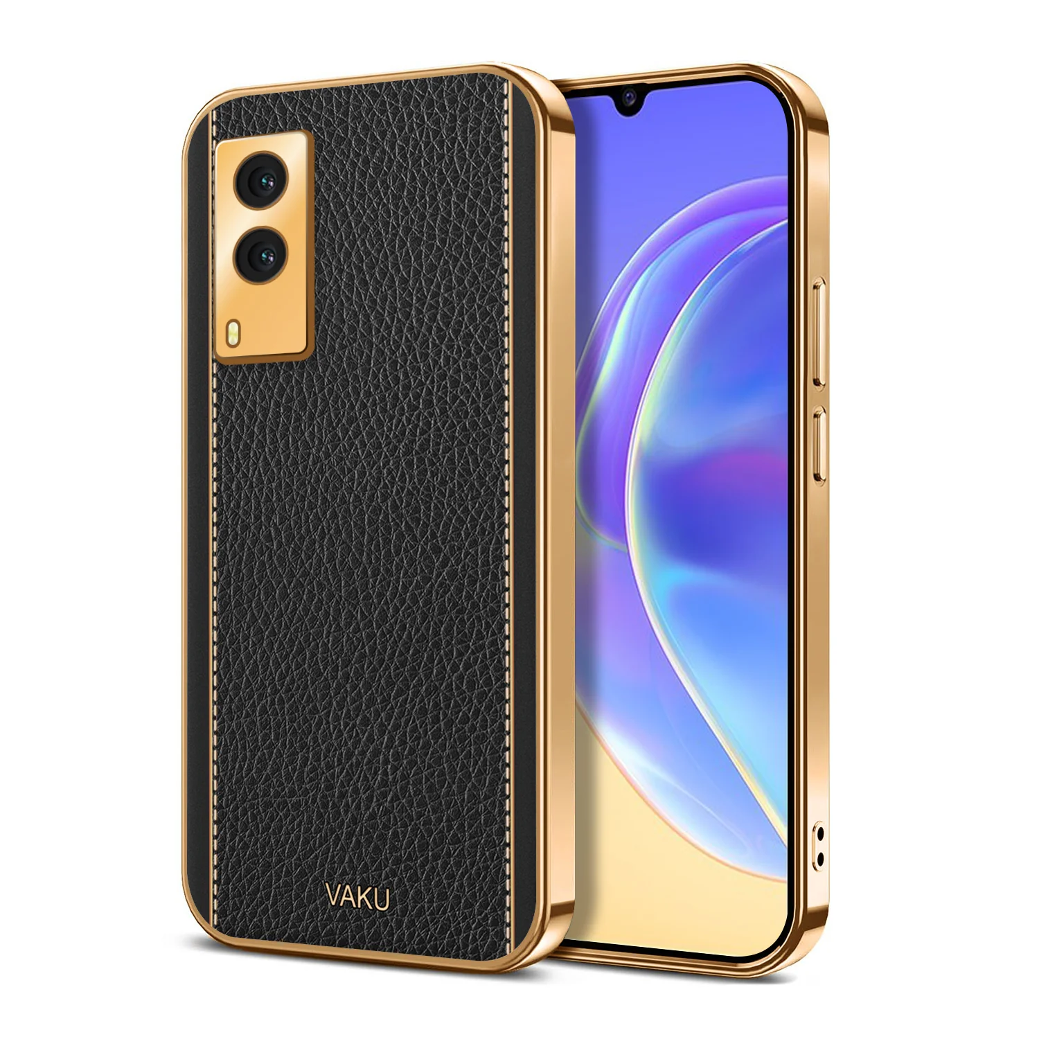 Vaku® Vivo V21e 5G Luxemberg Series Leather Stitched Gold Electroplated Soft TPU Back Cover - Image 6
