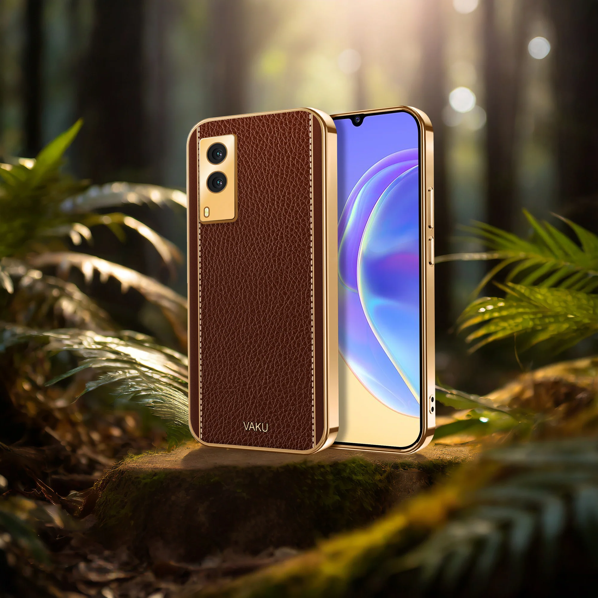 Vaku® Vivo V21e 5G Luxemberg Series Leather Stitched Gold Electroplated Soft TPU Back Cover - Image 8