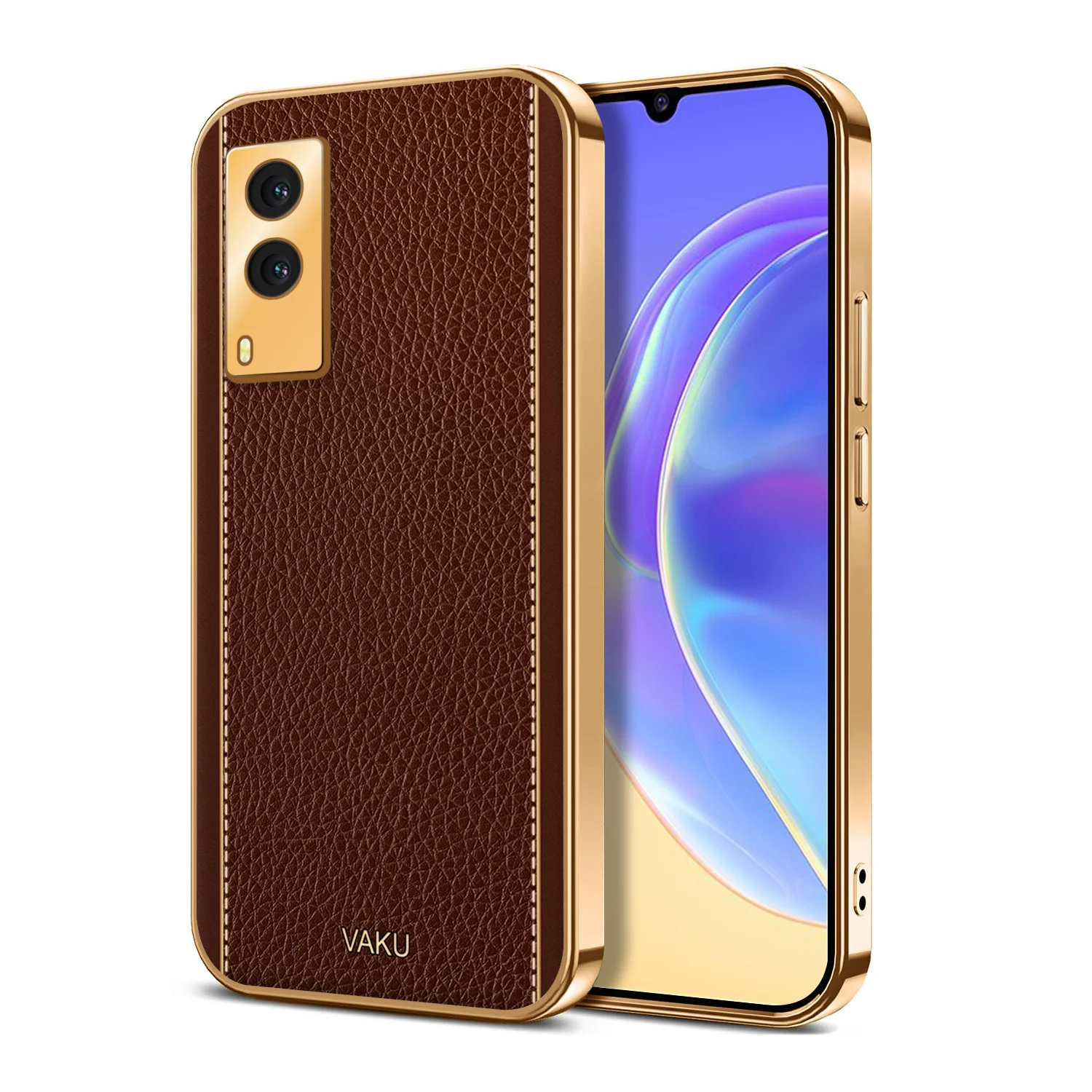 Vaku® Vivo V21e 5G Luxemberg Series Leather Stitched Gold Electroplated Soft TPU Back Cover - Image 9