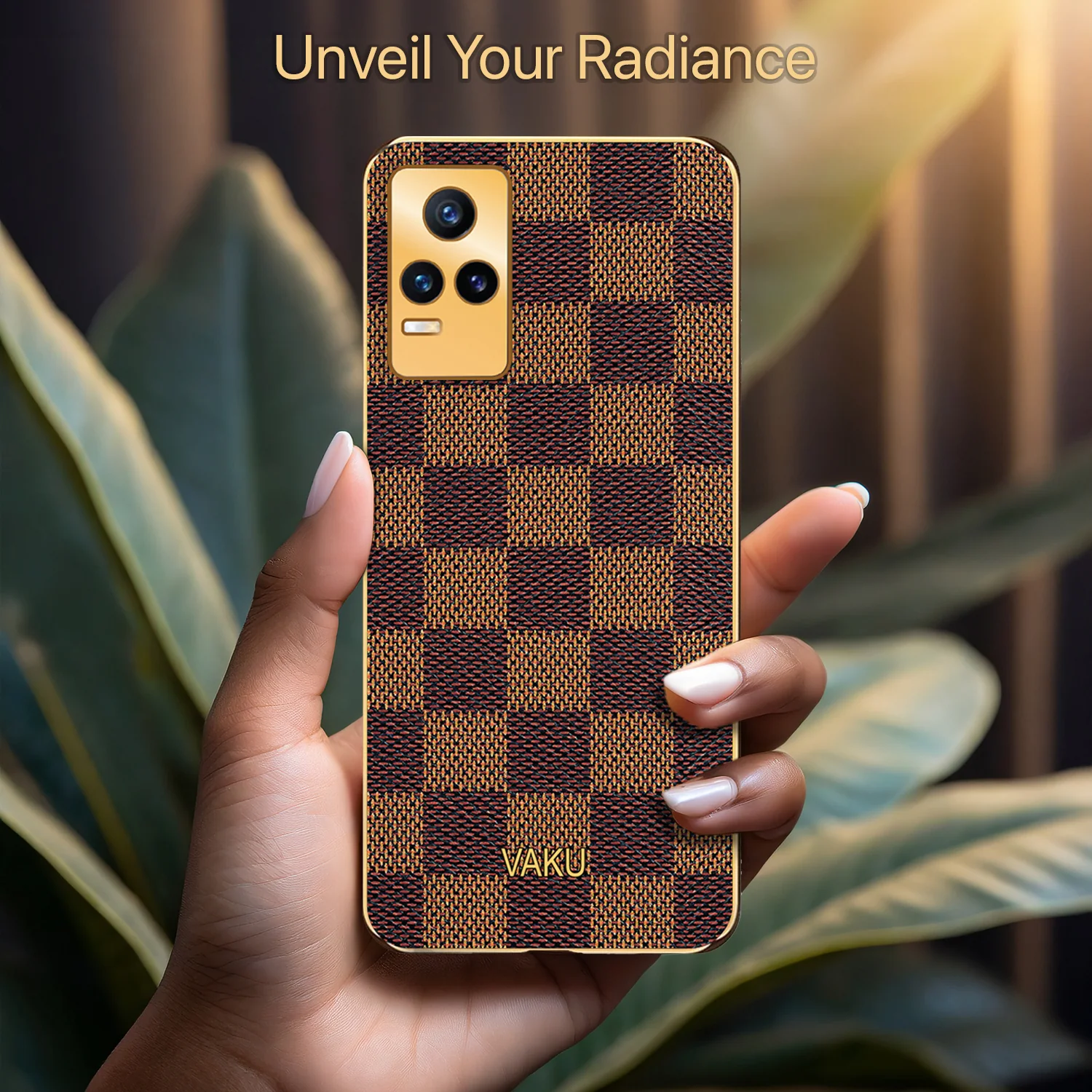 Vaku® Vivo Y73 Cheron Series Leather Stitched Gold Electroplated Soft TPU Back Cover - Image 5