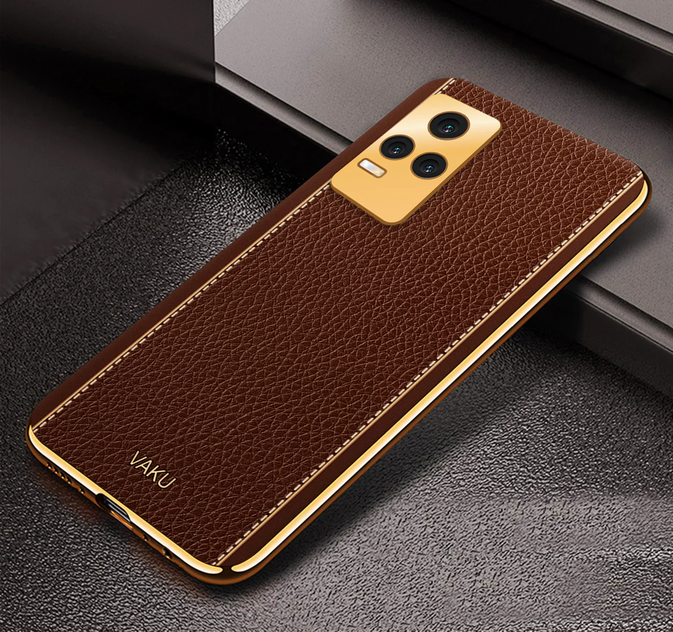 Vaku® Vivo Y73 Luxemberg Series Leather Stitched Gold Electroplated Soft TPU Back Cover - Image 7