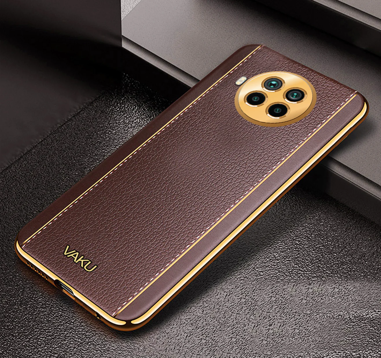 Vaku® Xiaomi Mi 10i 5G Luxemberg Series Leather Stitched Gold Electroplated Soft TPU Back Cover - Image 4