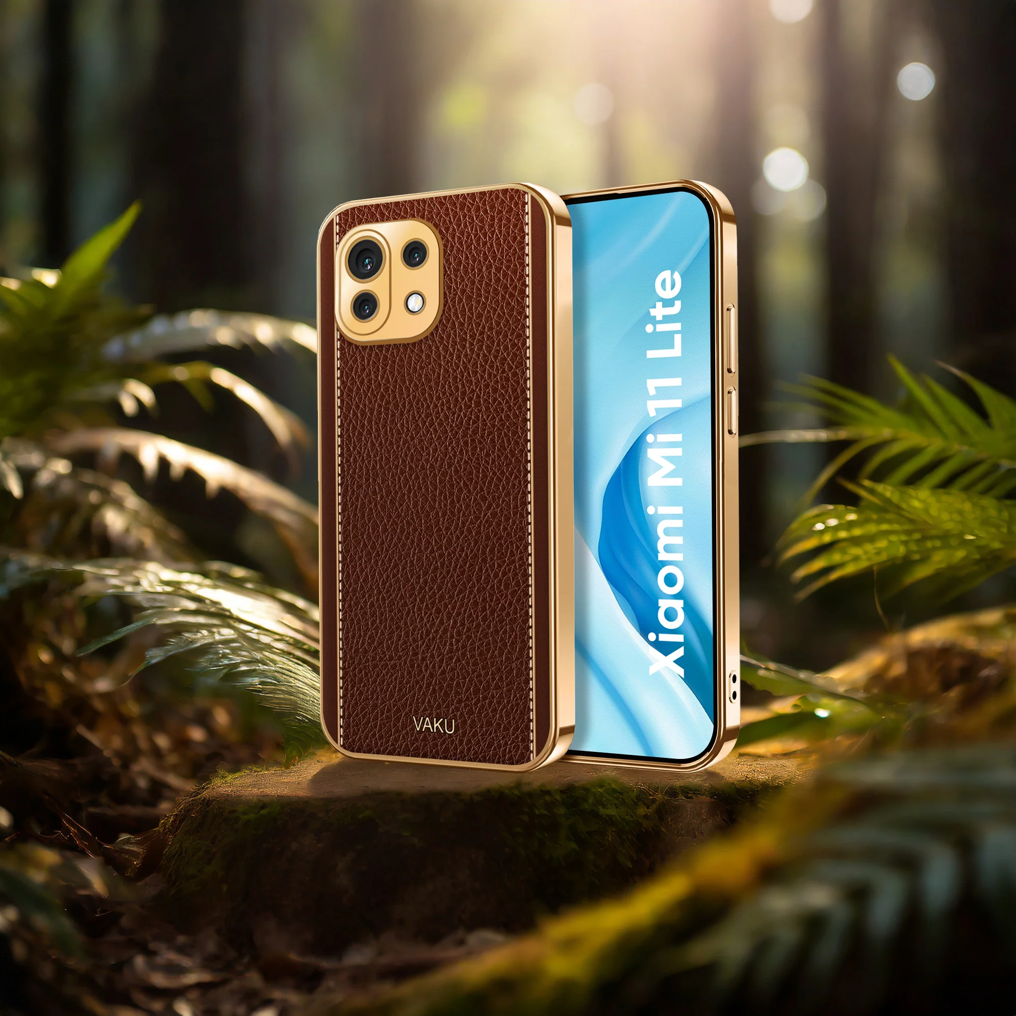Vaku® Xiaomi Mi 11 Lite Luxemberg Series Leather Stitched Gold Electroplated Soft TPU Back Cover - Image 10