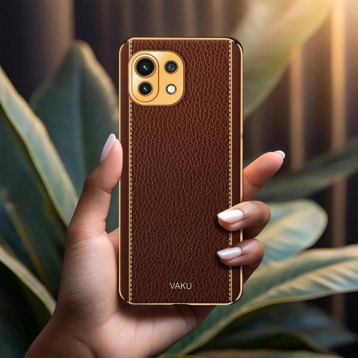 Vaku® Xiaomi Mi 11 Lite Luxemberg Series Leather Stitched Gold Electroplated Soft TPU Back Cover - Image 14