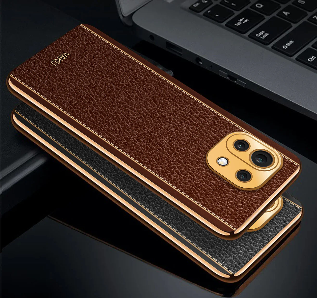 Vaku® Xiaomi Mi 11 Lite Luxemberg Series Leather Stitched Gold Electroplated Soft TPU Back Cover - Image 4